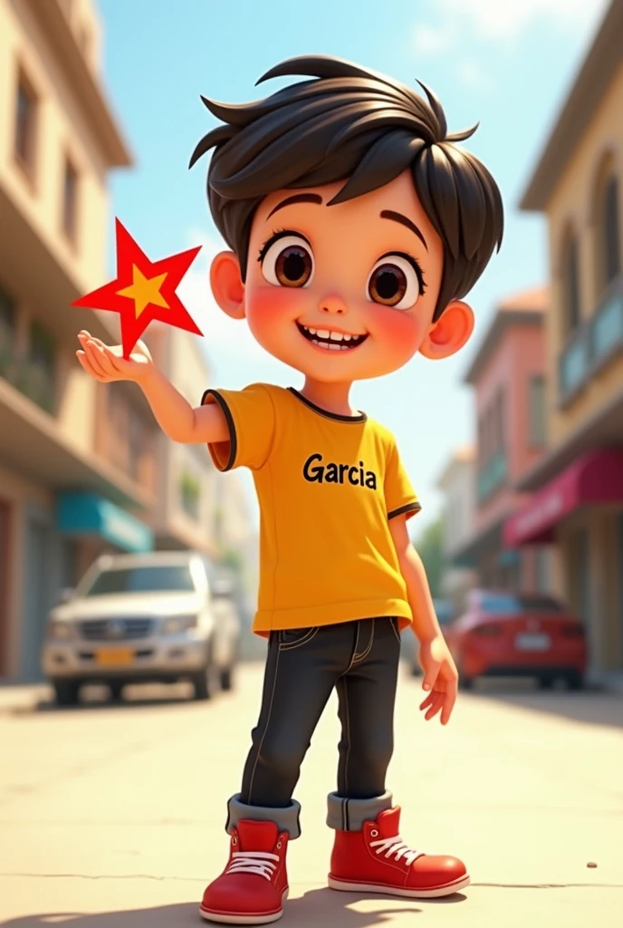 Boy short hair black brown eyes yellow t-shirt with the name Garcia with black pants red shoes with a star in his hand