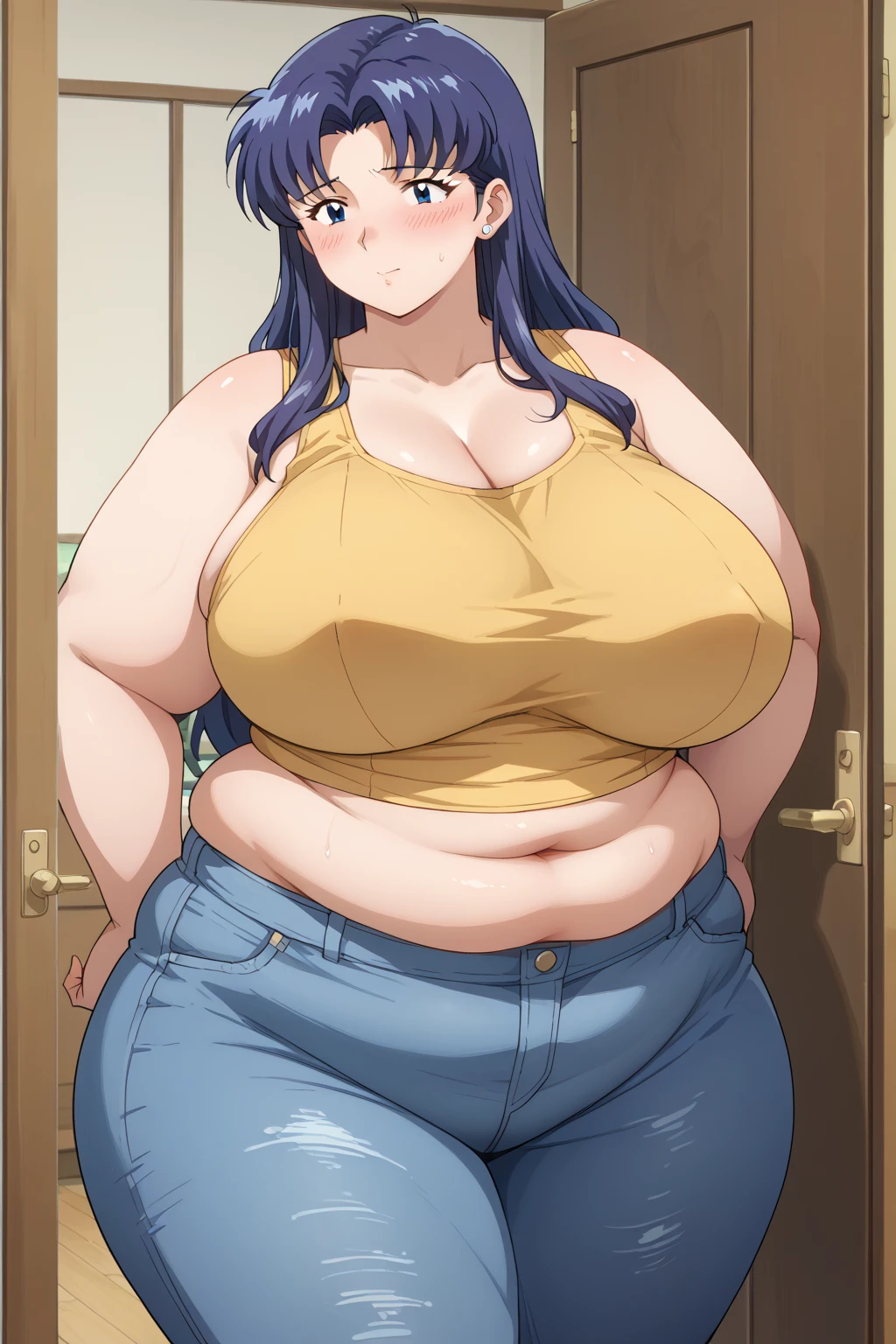 misato katsuragi, long hair,紺色の髪,Dark blue eyes, yellow tank top,blue denim pants, shorts ,Obese middle-aged woman, troubled expression, embarrassing expression ,milf, chubby,living, score_9,  score_8_ up、 score_7_ up、 score_6_ up、 score_5_ up、 score_4_ up、 masterpieces at the front door of the house、 top quality , A beautiful woman with an obese figure,  absurd、 Source_ anime anime screencap,  one woman、Alone、 personal  、Super huge breasts,  super huge clevis、Super huge, Super huge boob,Curvy、 wide hips、