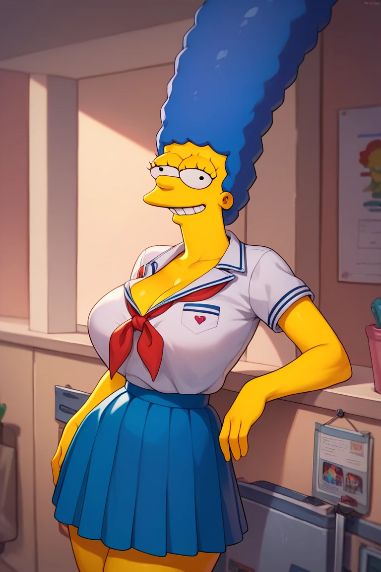 Marge Simpson very beautiful smiling with a super sexy body ((big breasts)), blue hair, with a micro school uniform.