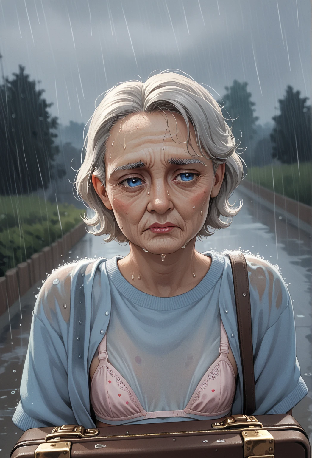 score_9, score_8_up, score_7_up,, elderly woman in the rain, dark blue eyes,  sad, briefcase, flat chest_bra, 