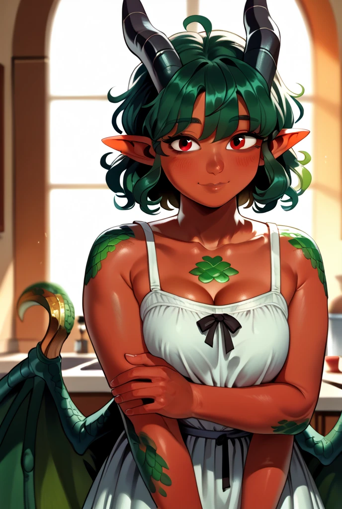 masterpiece, best quality, highres, soft lighting, best quality, hyper detailed, unexposed breasts, young women, young female, 1girl, green wings, horns, solo, dragon girl, dark skin, colored skin, monster girl, (greenscales:1.5), dragon horns, dragon wings, curly green hair, sundress, cooking food, (darkskin:1.5), soft smile, gentle smile, cute, light smile, round eyes,sundress, Pointy Ears, Medium Hair, Happy, Light Smile, Closed Mouth, green scales on arms, black horns, red eyes
