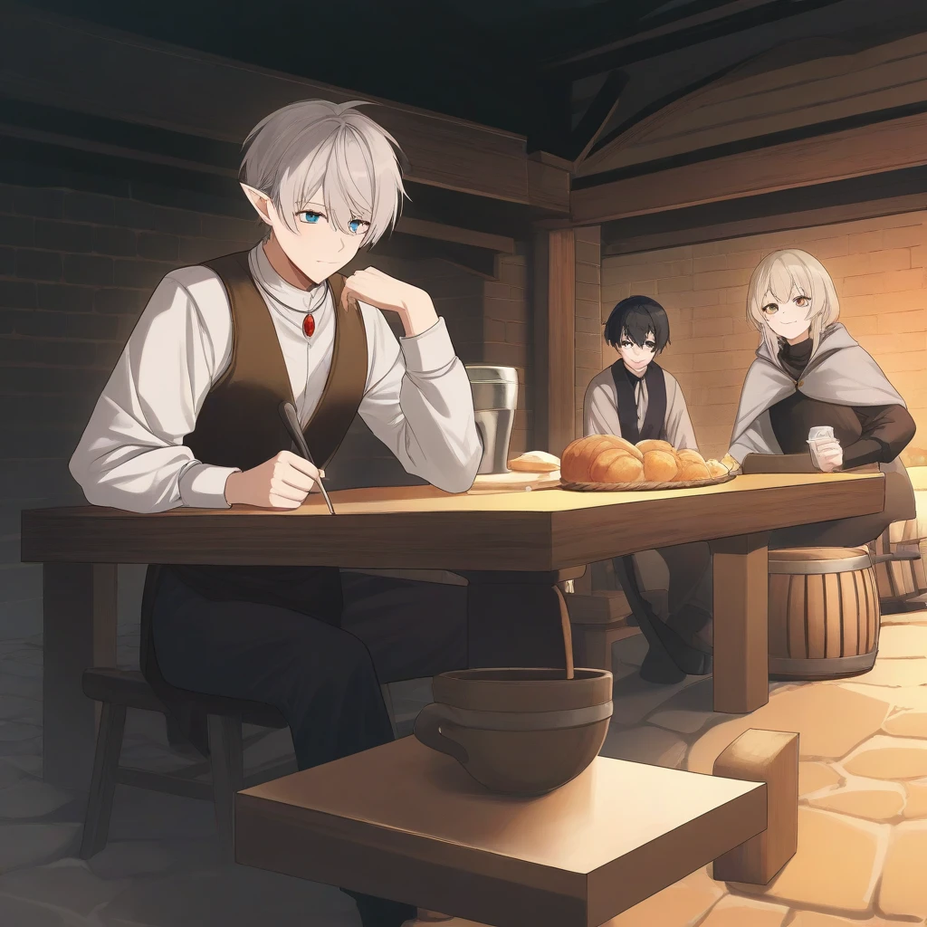 a mysterious man dressed in black sitting at a table in a medieval tavern with several knights