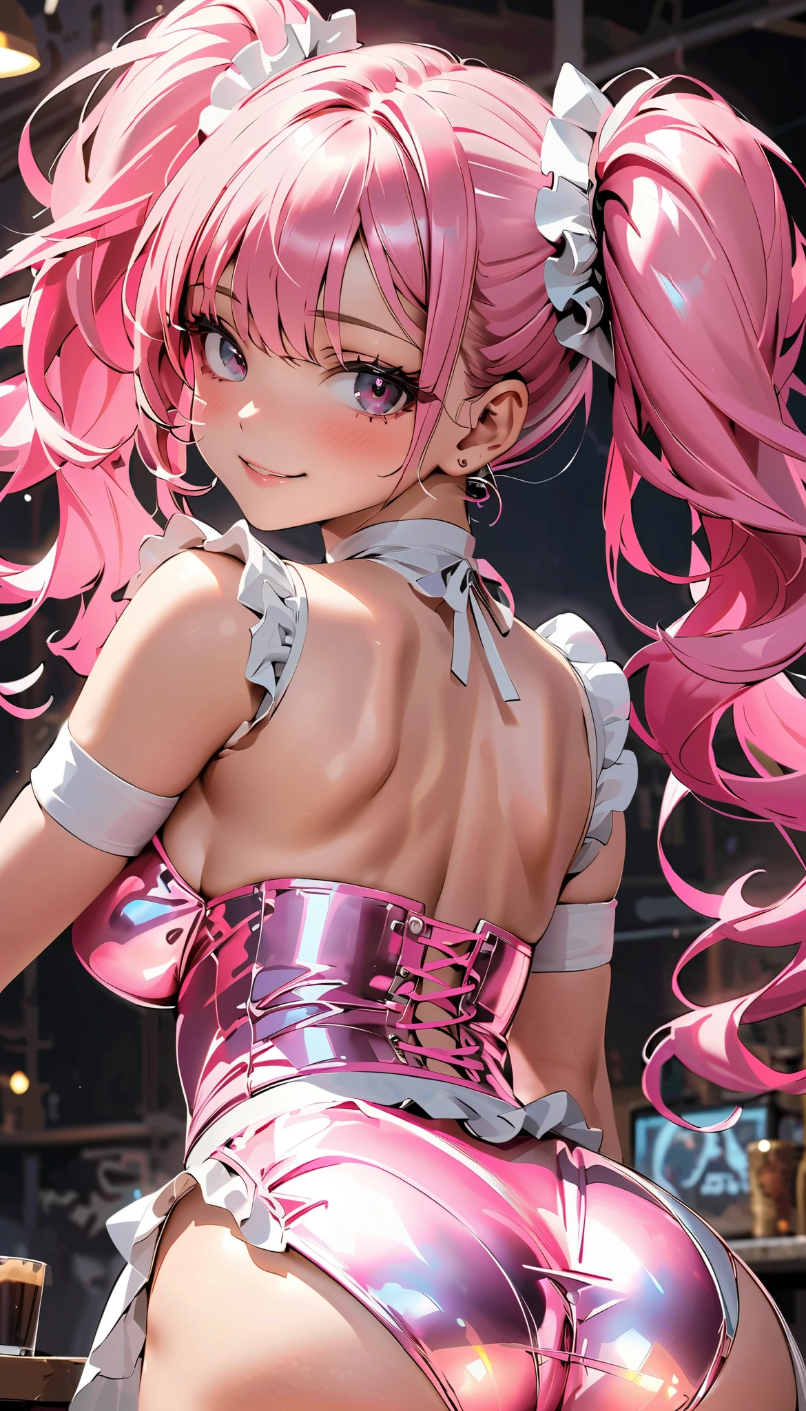 back arched、Big Breasted 、 accentuate your big butt、 (Very delicate hair seen from a dynamic composition :1.3)、 Silvery hair with light purple 、((masterpiece, top quality , 最 high image quality , steampunk . high image quality )), young pretty girl ,(( glitter latex glittering transparent neon pink with metallic luster maid clothes:1.3))).Her back view、 Spin and laugh, very delicate hair visible from 、 Twin Tail Hair .Pay attention to the big butt,Cyberpunk coffee shop, Embarrassed Expression, Panties look good , low angle,
