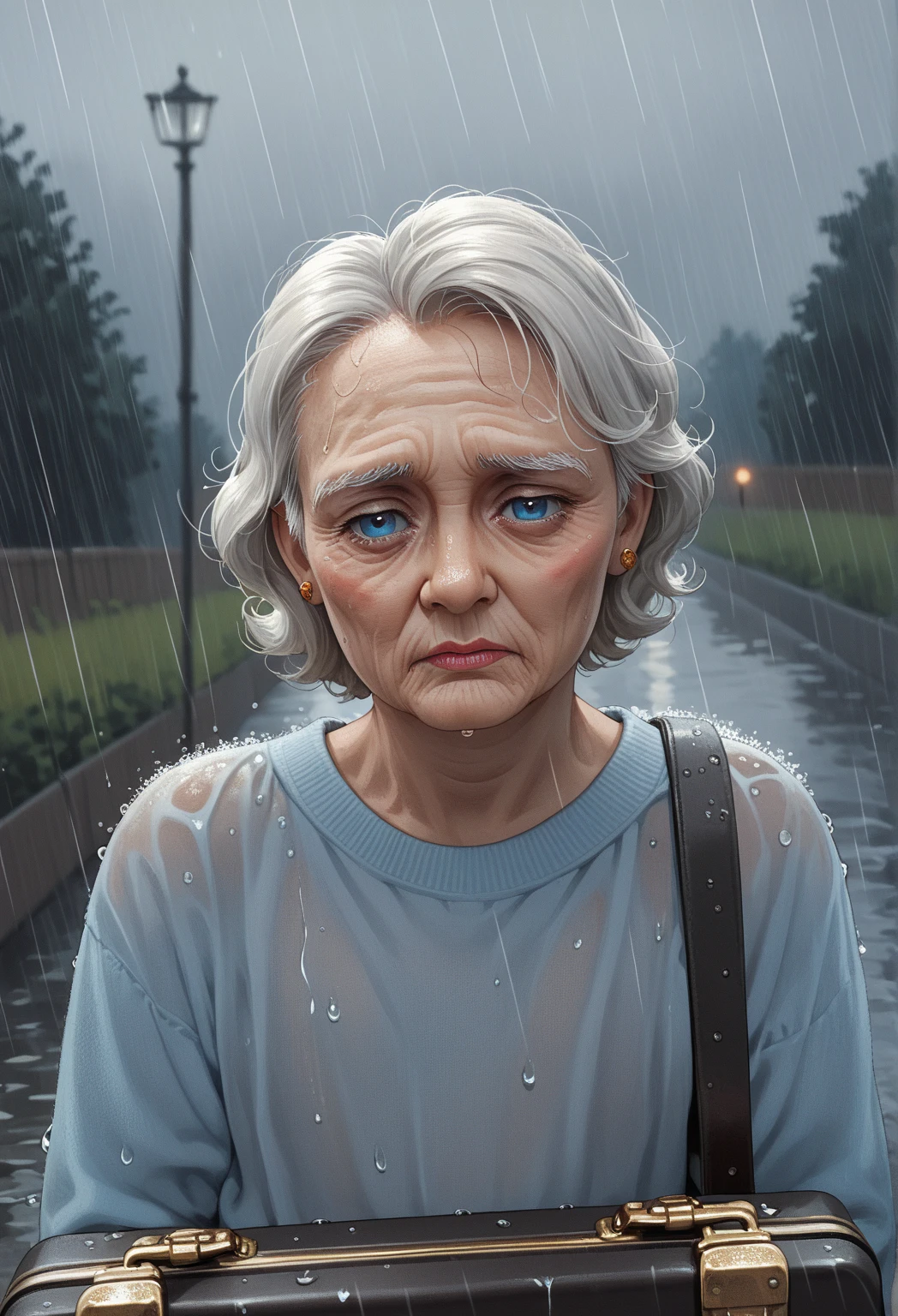 score_9, score_8_up, score_7_up,, elderly woman in the rain, dark blue eyes,  sad, briefcase, flat chest, 