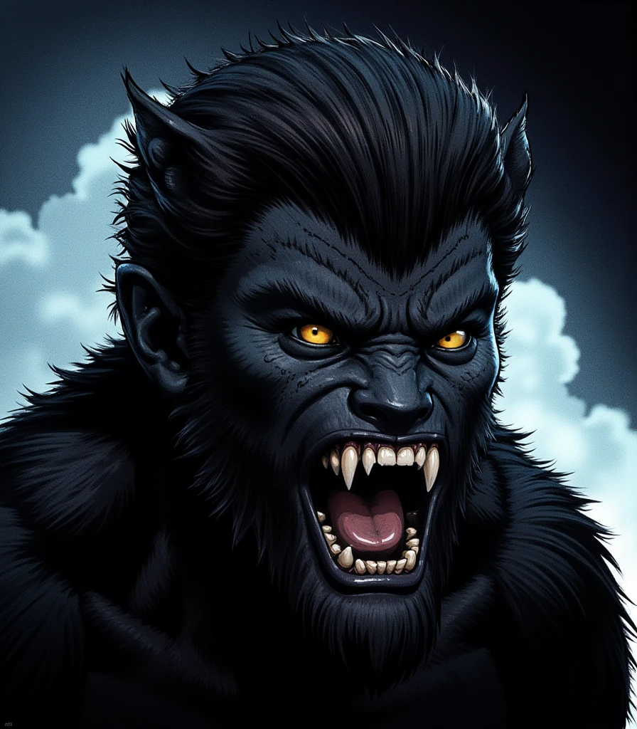 Illustration, masterpiece, portrait of a werewolf, huge, dangerous, black fur, cloudy night, very dark, long muzzle, yellow eyes, high resolution, high definition, comics drawing with ink and watercolor, on black paper, American comics, many details, black and white, horror 