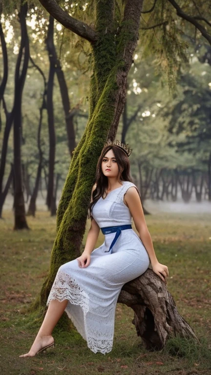 Create image of a surreal, ethereal scene featuring a pale woman with long, flowing white hair sitting on a gnarled, dark tree branch that extends diagonally across the frame. Her dress, almost blending with her hair, drapes gracefully over the branch. The fabric texture resembles delicate lace with intricate patterns, enhancing her ghostly, delicate appearance. Her skin is an alabaster tone, and she has a crown-like accessory that appears woven into her hair, adding to her otherworldly aura. The background is a misty, undefined landscape with soft blue and gray hues, suggesting a foggy, dream-like setting.