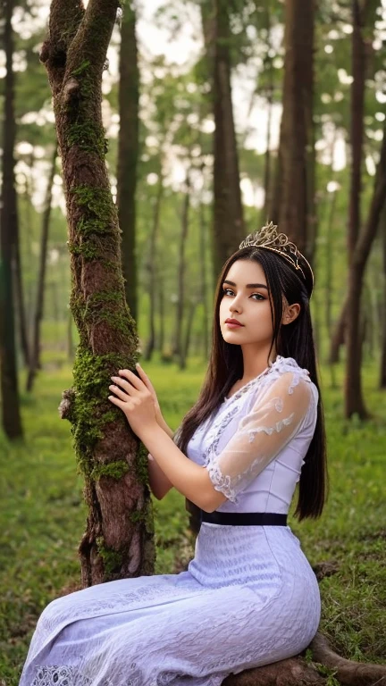 Create image of a surreal, ethereal scene featuring a pale woman with long, flowing white hair sitting on a gnarled, dark tree branch that extends diagonally across the frame. Her dress, almost blending with her hair, drapes gracefully over the branch. The fabric texture resembles delicate lace with intricate patterns, enhancing her ghostly, delicate appearance. Her skin is an alabaster tone, and she has a crown-like accessory that appears woven into her hair, adding to her otherworldly aura. The background is a misty, undefined landscape with soft blue and gray hues, suggesting a foggy, dream-like setting.