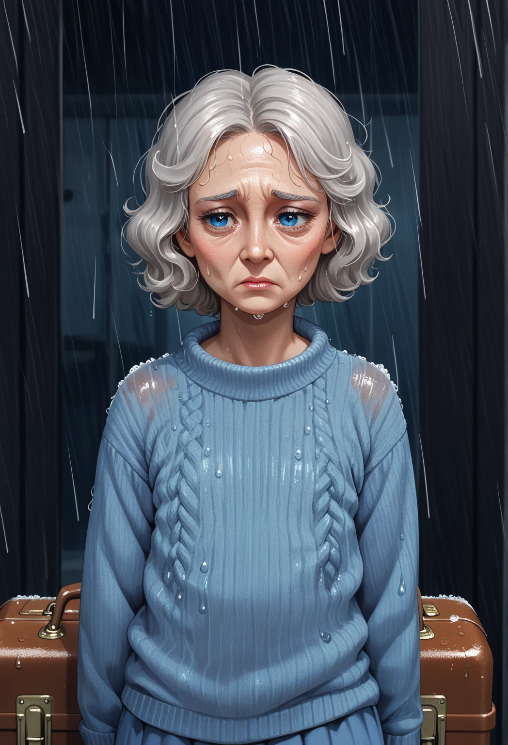 score_9, score_8_up, score_7_up,, elderly woman in the rain, dark blue eyes,  sad, briefcase_motel lobby, flat chest_bra, wet_blue_sweater