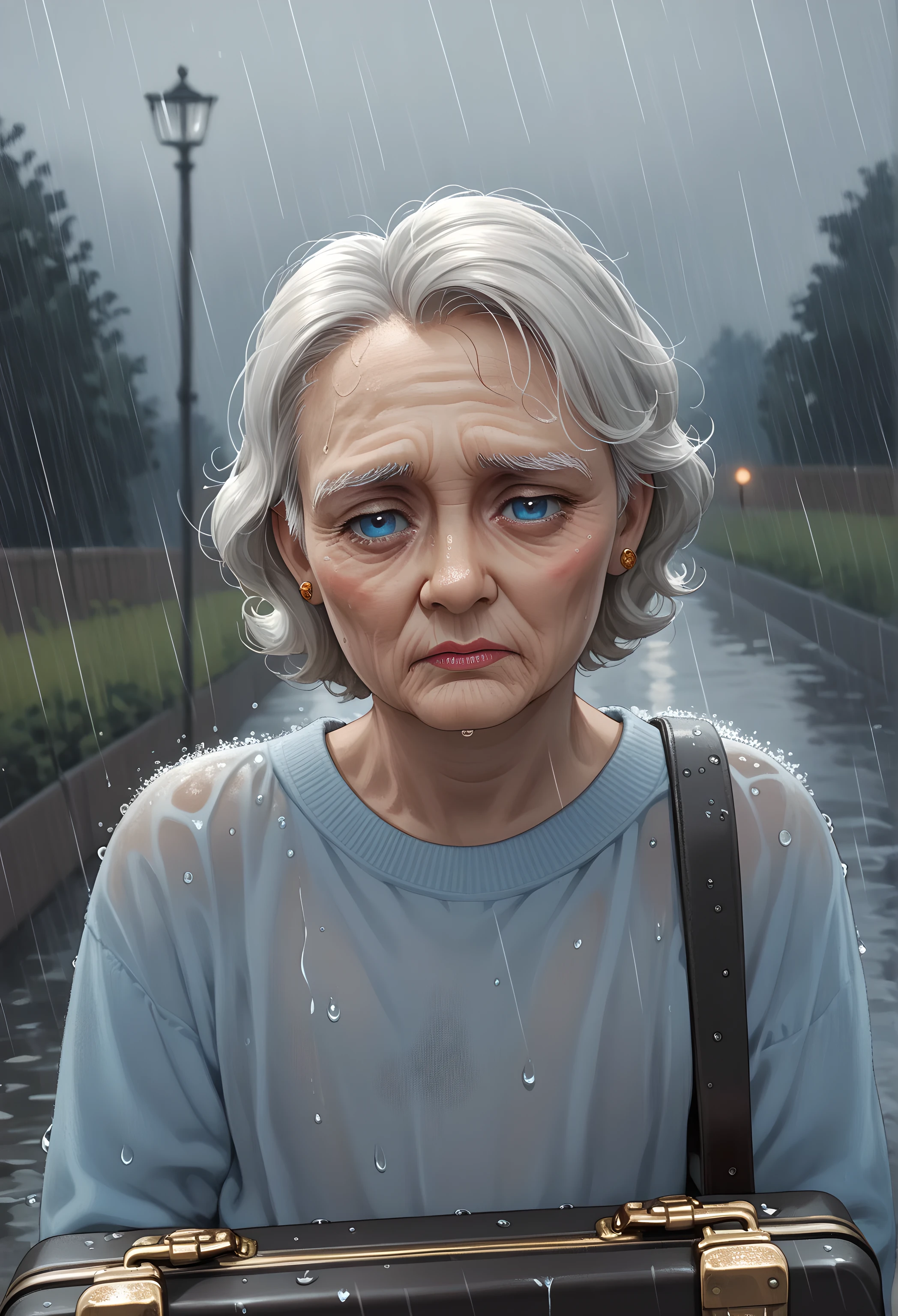 score_9, score_8_up, score_7_up,, elderly woman in the rain, dark blue eyes,  sad, briefcase, flat chest, 