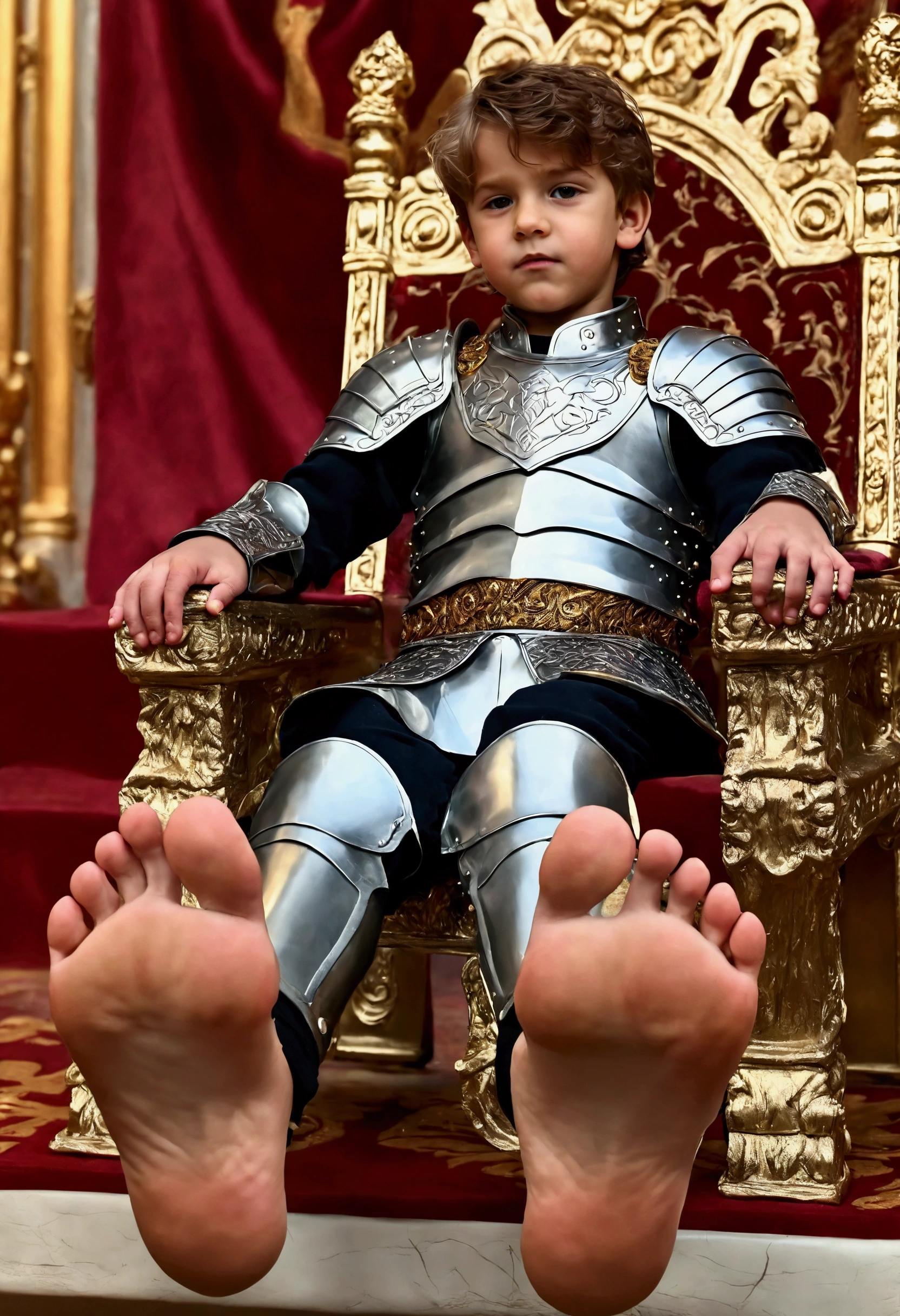 A boy prince on a throne, beautiful detailed feet soles, highly intricate ornate throne, elaborate golden decorations, regal elegant pose, (best quality,4k,8k,highres,masterpiece:1.2),ultra-detailed,(realistic,photorealistic,photo-realistic:1.37),HDR,UHD,studio lighting,extreme detail description,professional,vivid colors,portrait,fantasy,cinematic lighting With an An  boy in armor without a helmet showing the soles of his beautiful feet