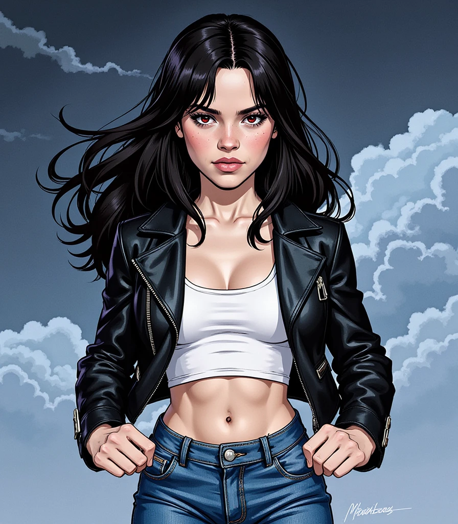 Illustration, masterpiece, portrait of Jenna Ortega as a vampire warrior goddess, thin and athletic, wearing a black leather jacket, a white crop top and a blue jeans, fighting pose, angry, on guard, fists clenched, ready for battle, cloudy night, very dark, long black hair, red eyes, high resolution, high definition, comics drawing with ink and watercolor, on white paper, American comics, many details 