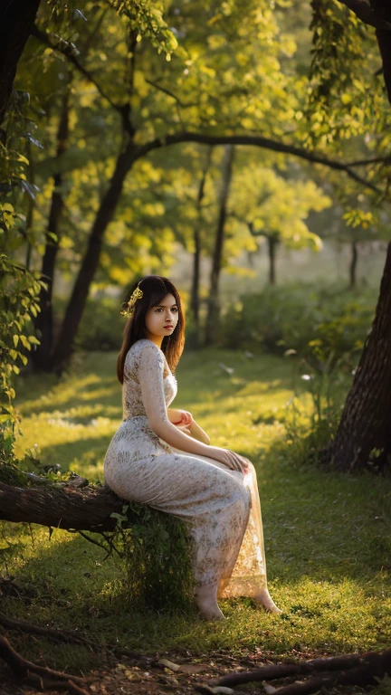 Create image of a surreal, ethereal scene featuring a pale woman with long, flowing white hair sitting on a gnarled, dark tree branch that extends diagonally across the frame. Her dress, almost blending with her hair, drapes gracefully over the branch. The fabric texture resembles delicate lace with intricate patterns, enhancing her ghostly, delicate appearance. Her skin is an alabaster tone, and she has a crown-like accessory that appears woven into her hair, adding to her otherworldly aura. The background is a misty, undefined landscape with soft blue and gray hues, suggesting a foggy, dream-like setting.