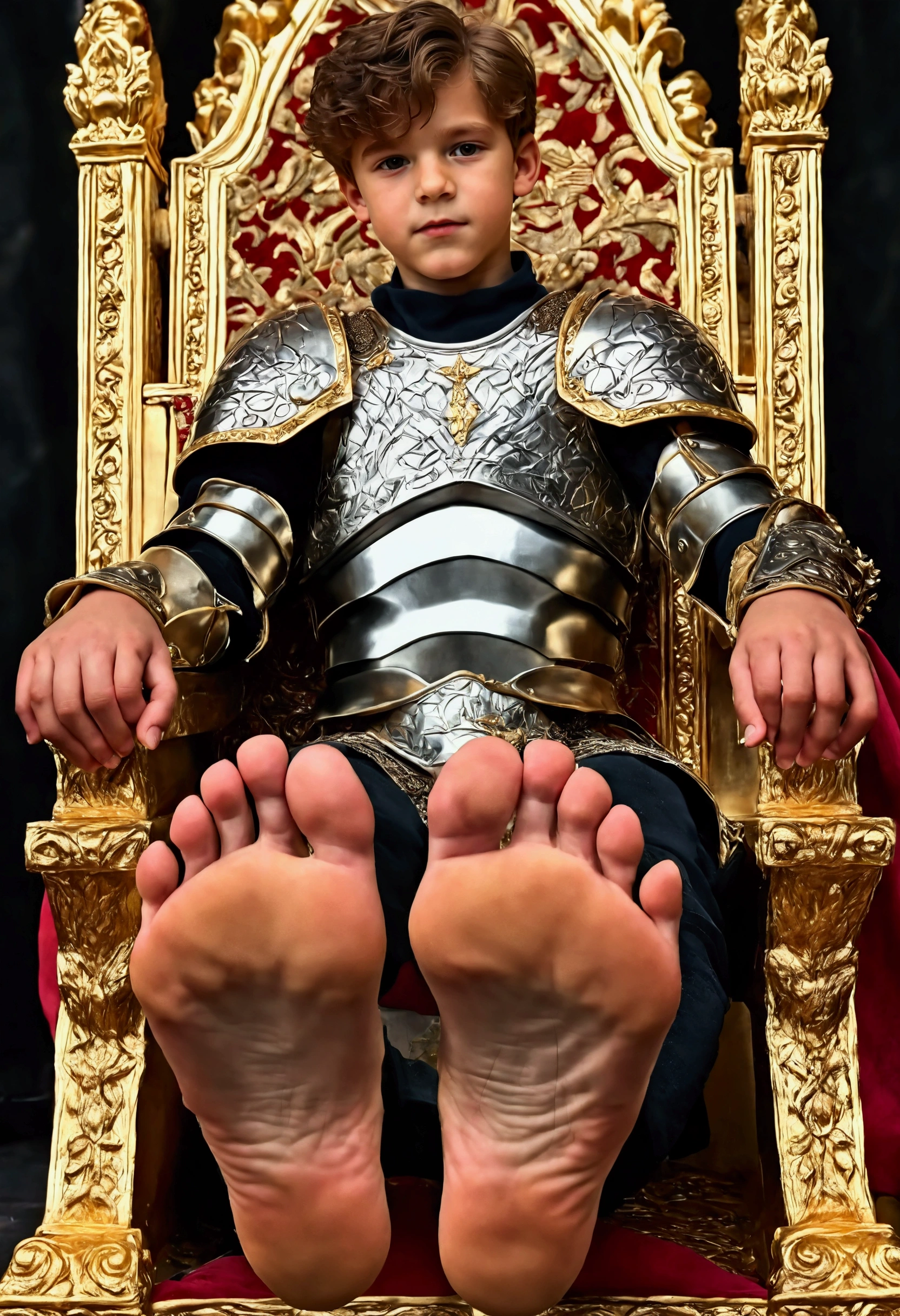 A boy prince on a throne, beautiful detailed feet soles, highly intricate ornate throne, elaborate golden decorations, regal elegant pose, (best quality,4k,8k,highres,masterpiece:1.2),ultra-detailed,(realistic,photorealistic,photo-realistic:1.37),HDR,UHD,studio lighting,extreme detail description,professional,vivid colors,portrait,fantasy,cinematic lighting With an An  boy in armor without a helmet showing the soles of his beautiful feet