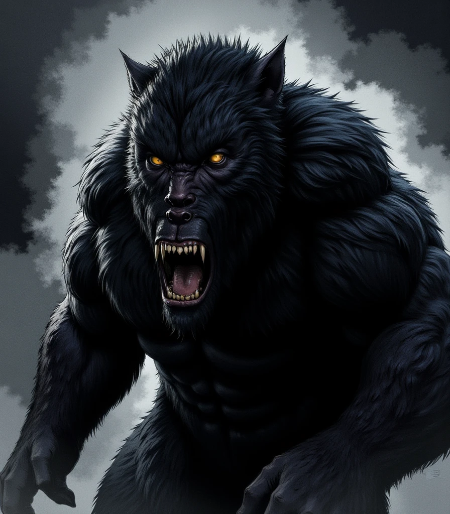 Illustration, masterpiece, werewolf, huge, dangerous, black fur, cloudy night, very dark, long muzzle, yellow eyes, high resolution, high definition, comics drawing with ink and watercolor, on black paper, American comics, many details, black and white, horror 