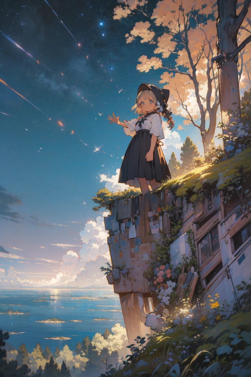 ((masterpiece,Best Quality,   Details)), full body,  Panorama , (((long shot))), ((Distant view)), Vast landscape, aerial view, ( 1 girl:1.2), alone,happy, open arms, ( charming smile in a crowd:1.3), standing , looking up,  (sea:1.3),(Starry Sky:1.3) ,  expansive landscape,  chibi, Focus on the stars 