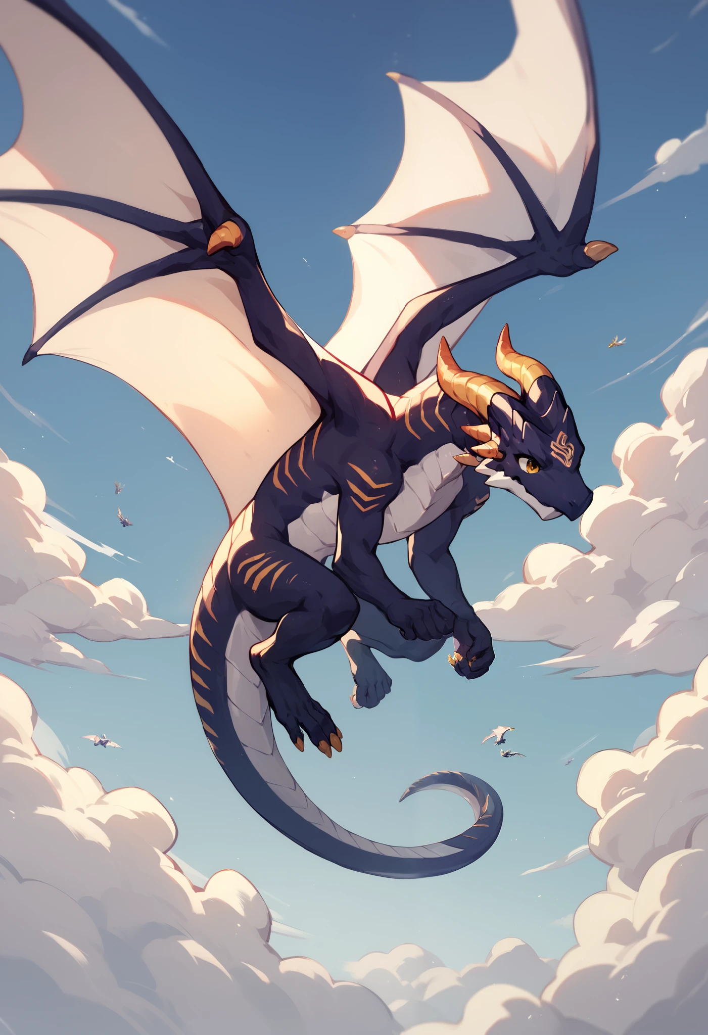 score_9, score_8_up, score_7_up, score_6_up,dragon,(anthro:1.1), tail, wings, [[nude]], [[5 fingers, yellow eyes, claws,flying,dragon wings,sky,cloud