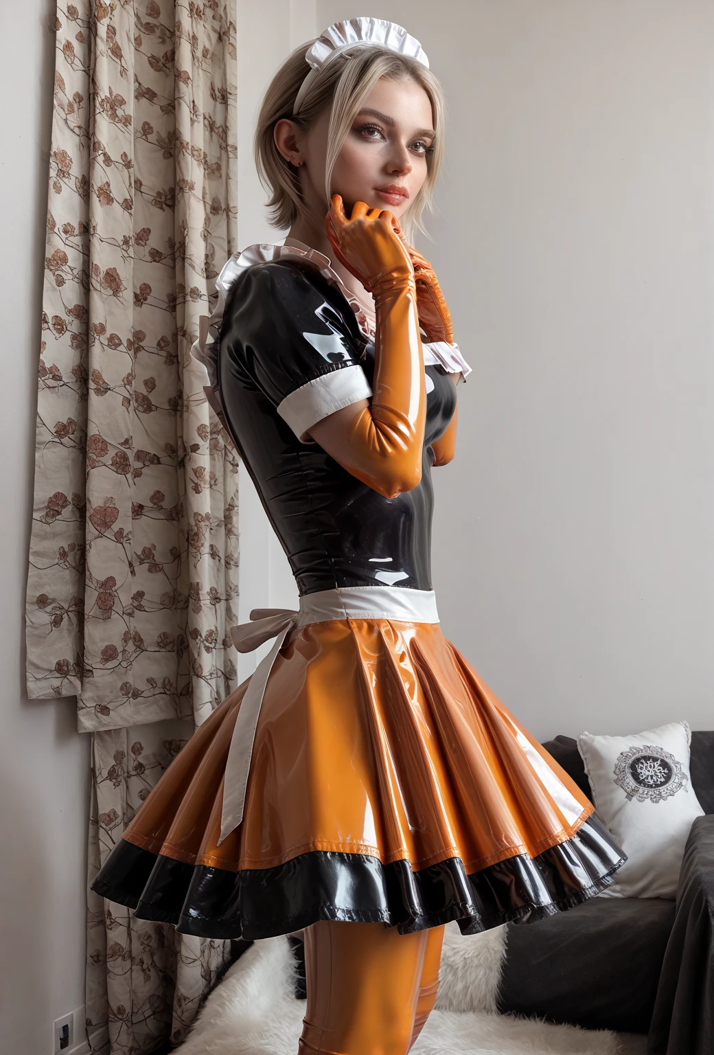 Standing, (masterpiece,highest quality, ultra-high resolution),Japanese woman 1, latex maid's headband, (((Very beautiful 20-year-old girl)))(She's wearing a shiny light orange latex maid costume with short sleeves..)The dress has a simple design with a neckline.(((Short latex skirt of pale orange color.))), latex gloves of pale orange color.((The latex bodysuit is pale orange in color.)、