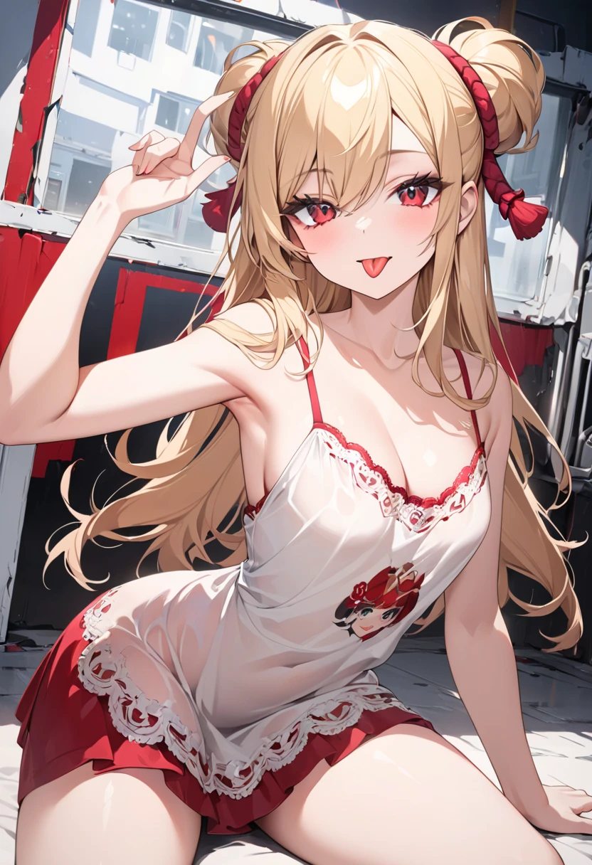 One girl、A little sexy、Blonde、Red sparkling eyes、detailed cute eyes,(glowing eyes:1.4),laugh heartily,((Droopy eyeedium Curl Hair、Dog ears、off-shoulder sleeves,shirts,mini skirt,thighs