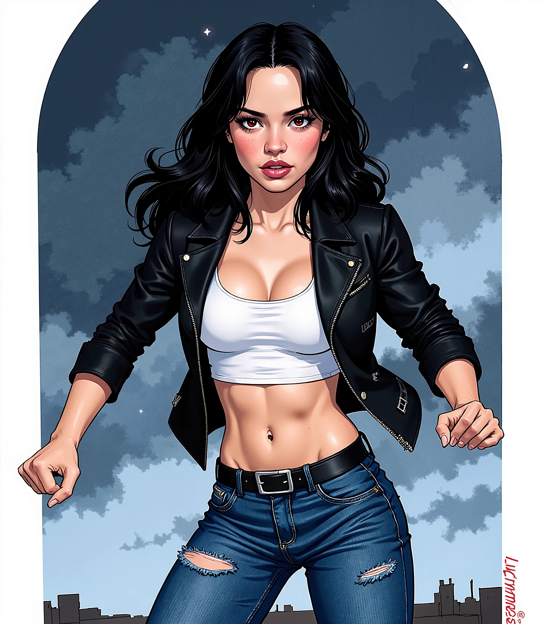 Illustration, masterpiece, portrait of Jenna Ortega as a vampire warrior goddess, thin and athletic, wearing a black leather jacket, a white crop top and a blue jeans, fighting pose, angry, on guard, fists clenched, ready for battle, cloudy night, very dark, long black hair, red eyes, high resolution, high definition, comics drawing with ink and watercolor, on white paper, American comics, many details 