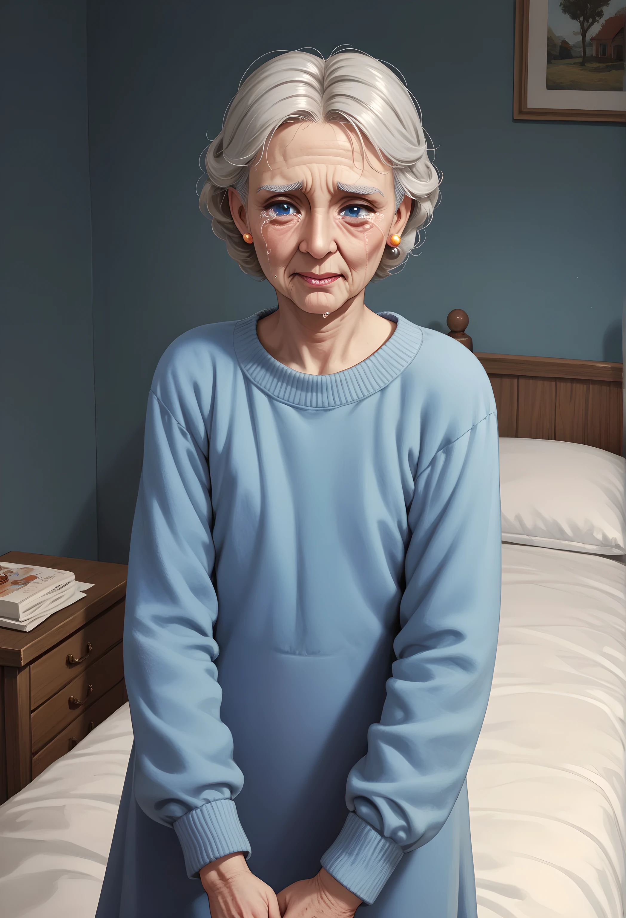 score_9, score_8_up, score_7_up,, elderly woman , dark blue eyes, crying in motel room, flat chest,