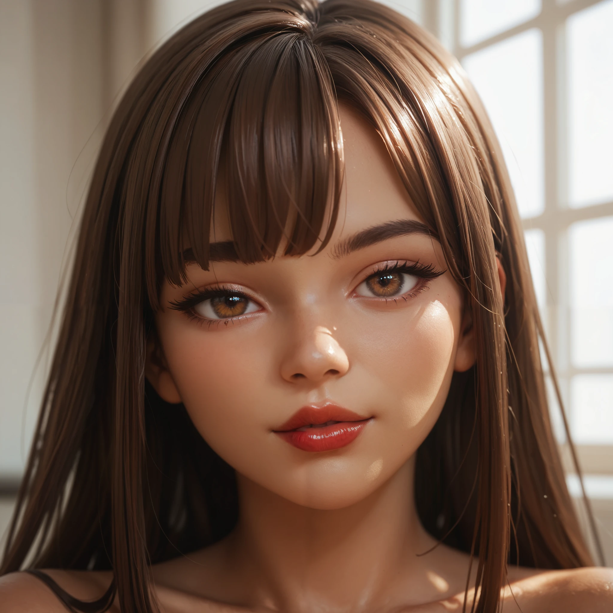 female, curvy, thick, sexy, lovely, soft long dark brown hair, clean full front bangs, long side bangs, hazel eyes, brown skin, medium red lip stick, pleased, naked, head shot, head, close up,