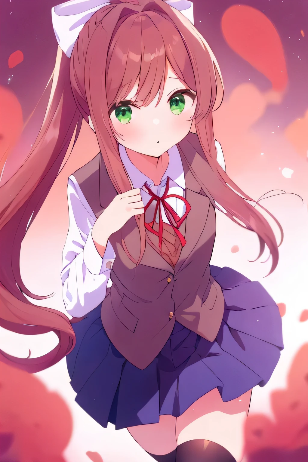 Monika has extensively long coral brown hair (which she keeps in a high ponytail tied back with a large white bow, slightly curled at the ends. She has two prominent strands of hair next to her bangs that reach just past her chest His eyes are emerald green. She wears a typical school uniform, which is a warm gray blazer over a brown vest, and underneath, a white collared shirt, topped with a red ribbon. She also wears a dark blue skirt, black thigh-high stockings.
