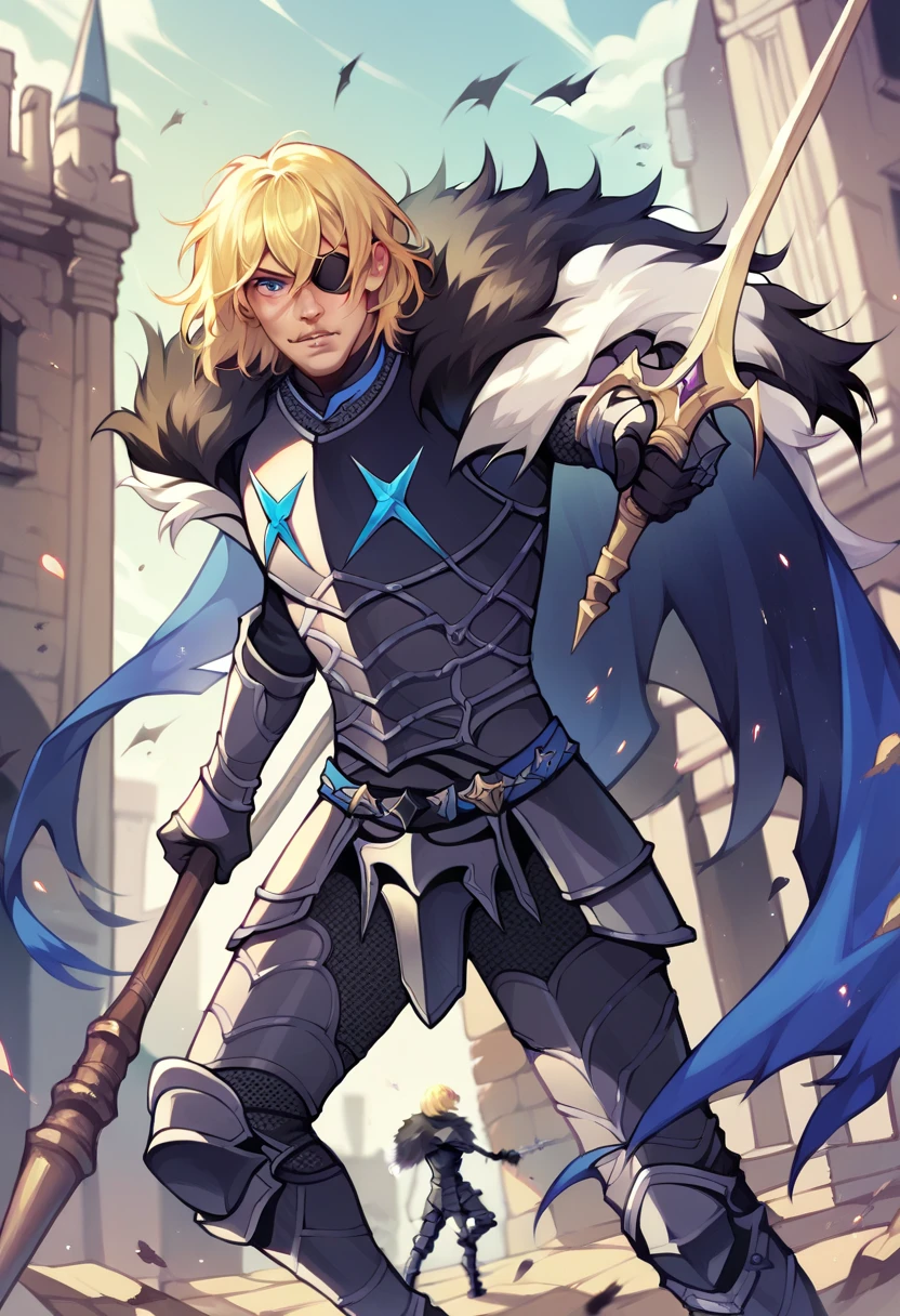 Realistic proportions, dimitritimeskip, 1 man, solo, blonde hair, medium hair, messy hair, eyepatch on right eye, blue eyes, black armor, fur cape, attacking with a lance, castle ruins