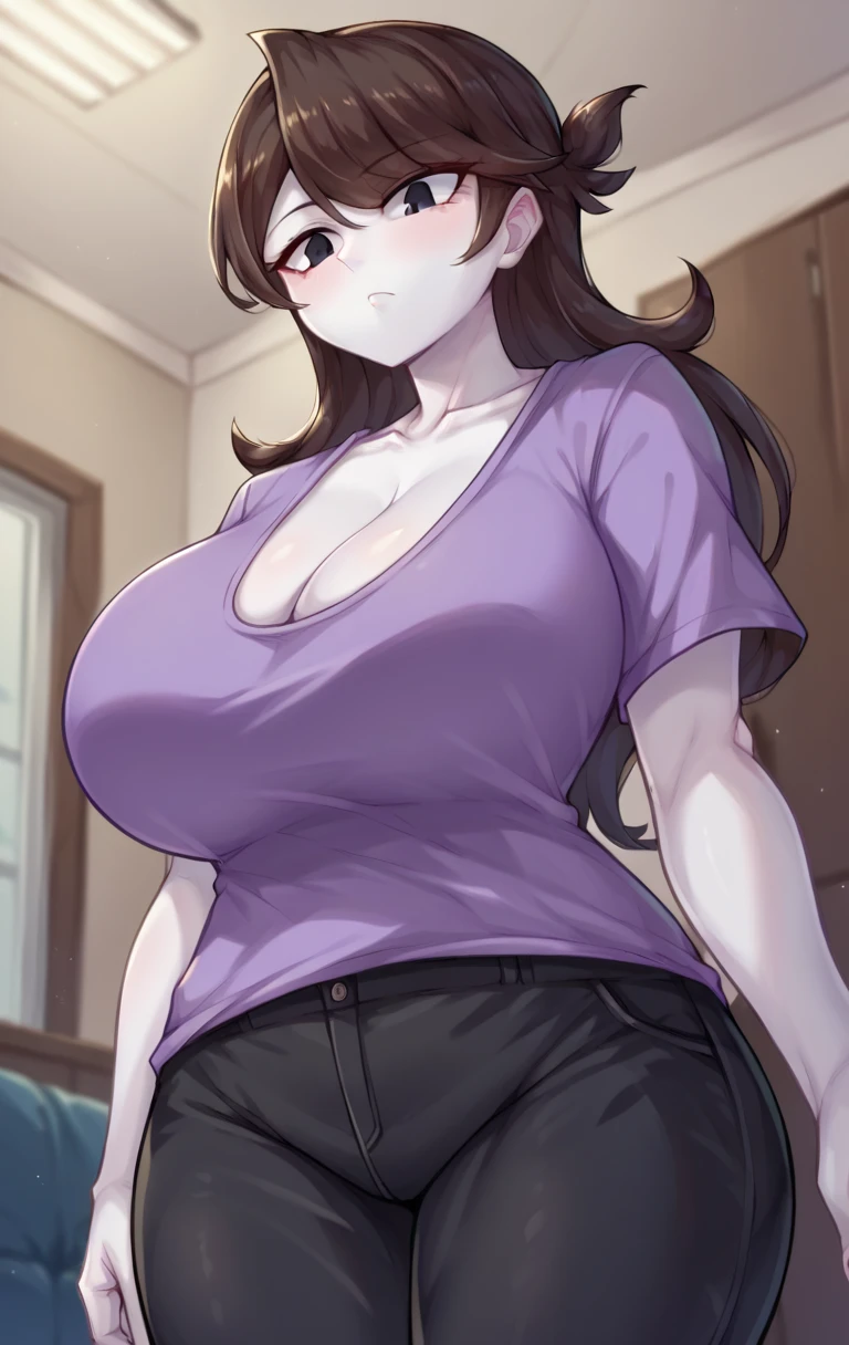 score_9,score_8_up,score_7_up BREAK jaidenSDXL,1girl,long hair,brown hair,black eyes,shirt,cleavage,collarbone,short sleeves,pants,black pants,white skin,purple shirt,cowboy shot,room,room background,from below, huge breasts 