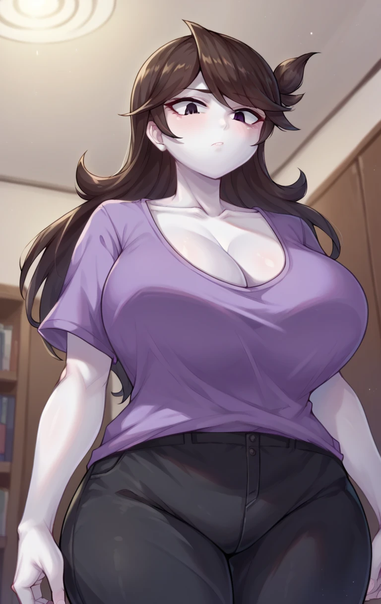 score_9,score_8_up,score_7_up BREAK jaidenSDXL,1girl,long hair,brown hair,black eyes,shirt,cleavage,collarbone,short sleeves,pants,black pants,white skin,purple shirt,cowboy shot,room,room background,from below, huge breasts 