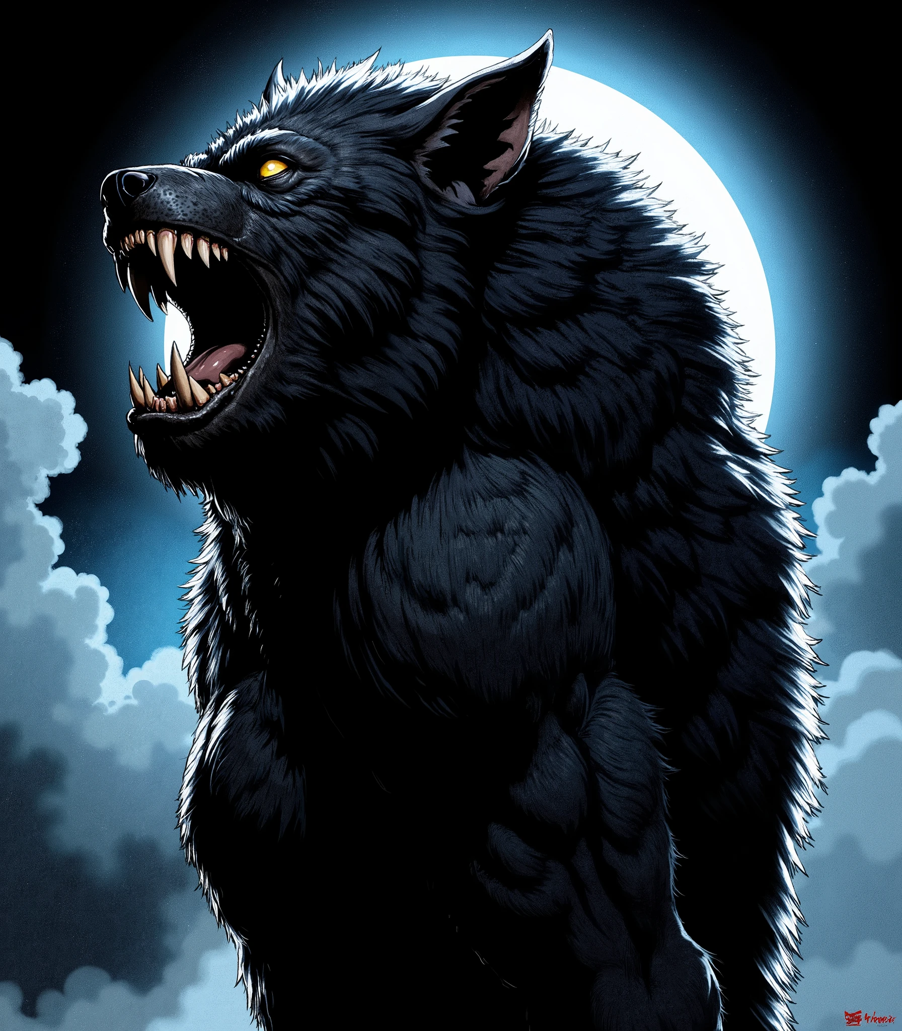 Illustration, masterpiece, werewolf, huge, dangerous, black fur, cloudy night, very dark, long muzzle, yellow eyes, high resolution, high definition, comics drawing with ink and watercolor, on black paper, American comics, many details, black and white, horror 