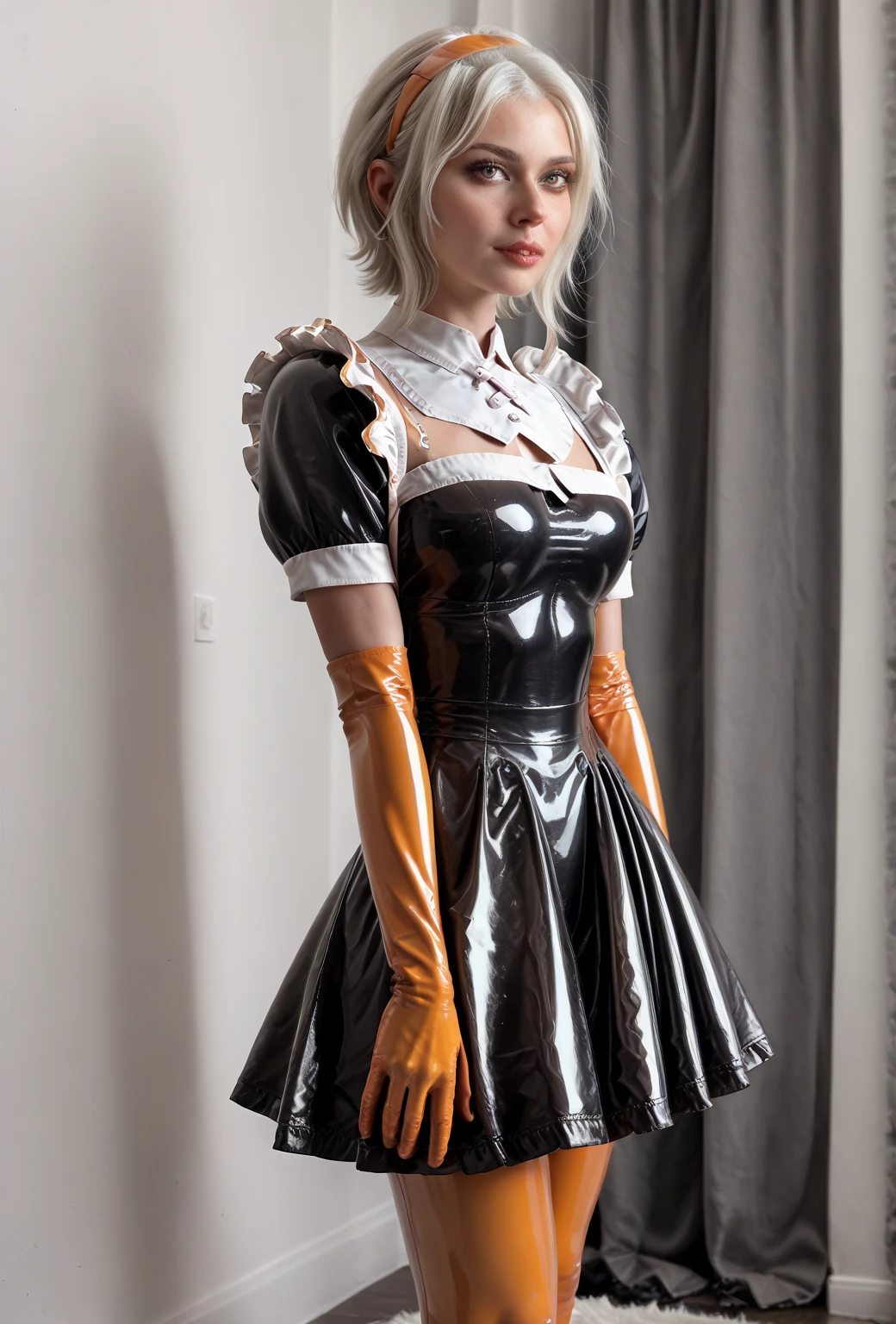 Standing, long white hair,(masterpiece,highest quality, ultra-high resolution),Japanese woman 1, latex maid's headband, (((Very beautiful 20-year-old girl)))(She's wearing a shiny light orange latex maid costume with short sleeves..)The dress has a simple design with a neckline.(((Short latex skirt of pale orange color.))), latex gloves of pale orange color.((The latex bodysuit is pale orange in color.)、