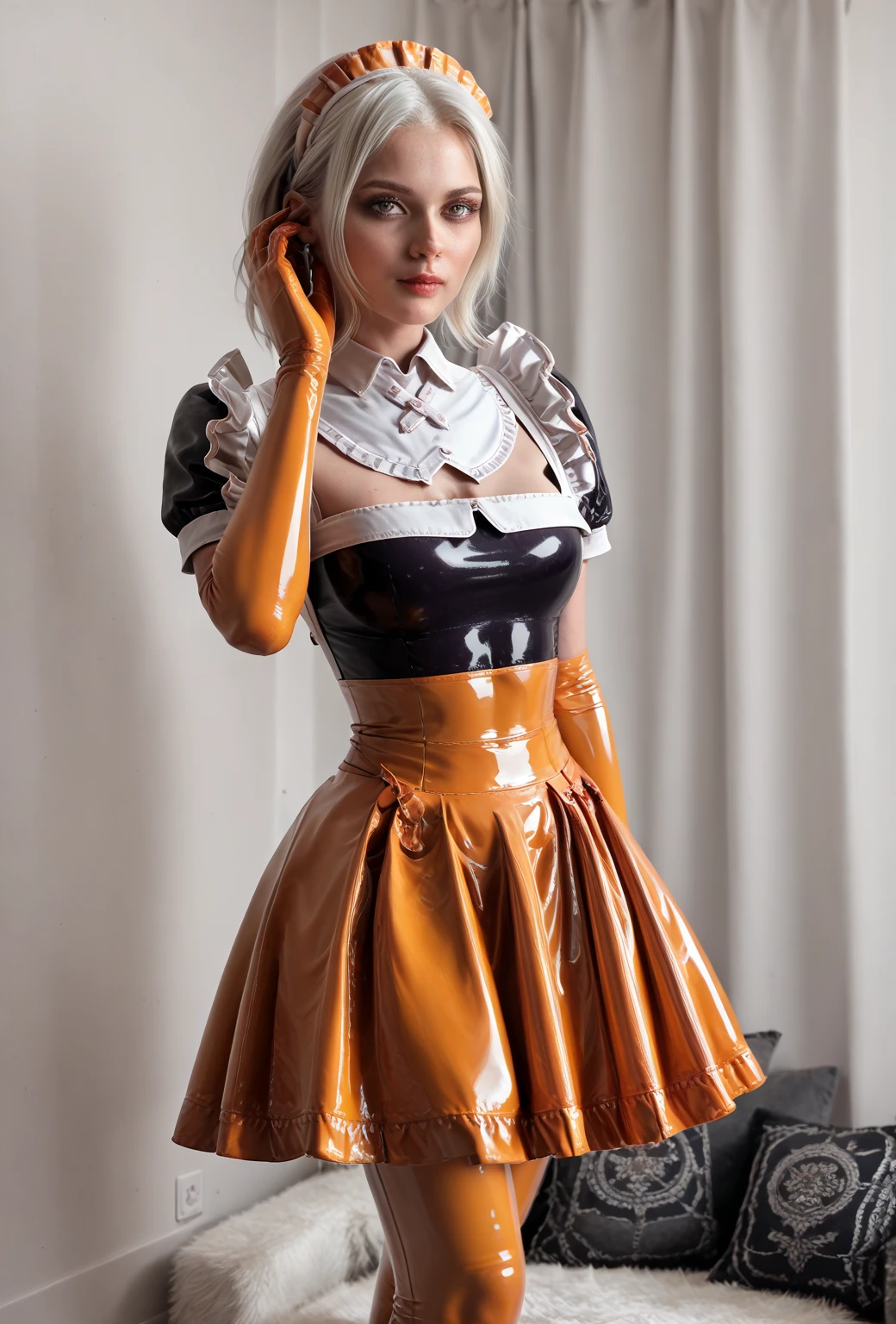 Standing, long white hair,(masterpiece,highest quality, ultra-high resolution),Japanese woman 1, latex maid's headband, (((Very beautiful 20-year-old girl)))(She's wearing a shiny light orange latex maid costume with short sleeves..)The dress has a simple design with a neckline.(((Short latex skirt of pale orange color.))), latex gloves of pale orange color.((The latex bodysuit is pale orange in color.)、