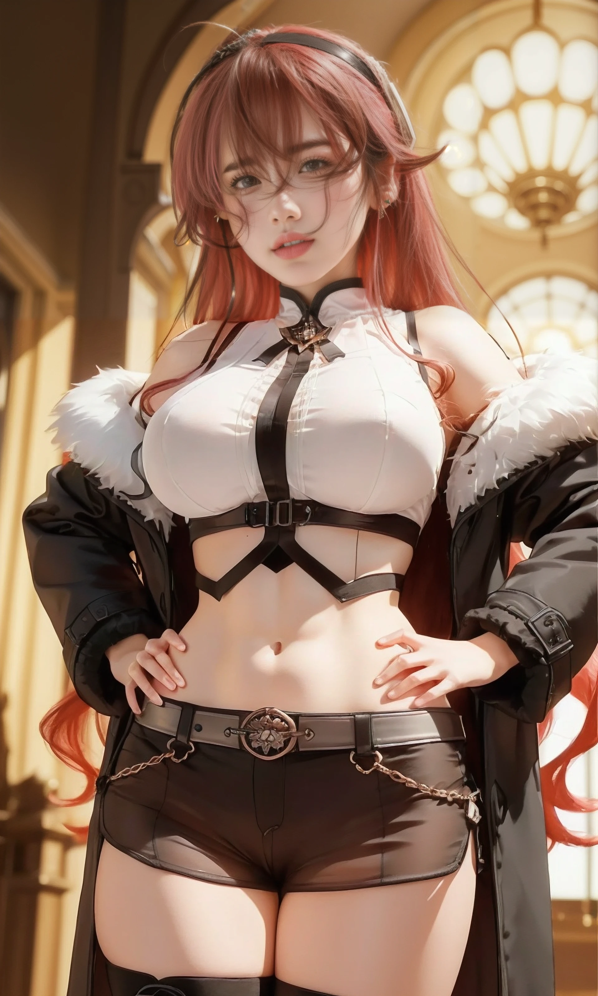 1girl, standing, medium wide shot, (from below:0.8), cleavage, breast, (gigantic breasts:1.6), black halterneck lace bra, see-through pantyhose, lace thong, thighhighs, slipping fur jacket, fishnet arm sleeve, detailed face, (looking at viewer:1.2), blue eyes, pink hair, choker, thighs, navel, alluring, captivating, strap gap, 