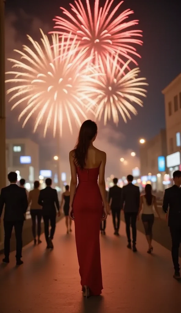 Fireworks happy new year 2025 night sky, realistic, Lisamy, a woman is dancing with luxury dress, Seul, Korea, background words "HAPPY NEW YEAR 2025"