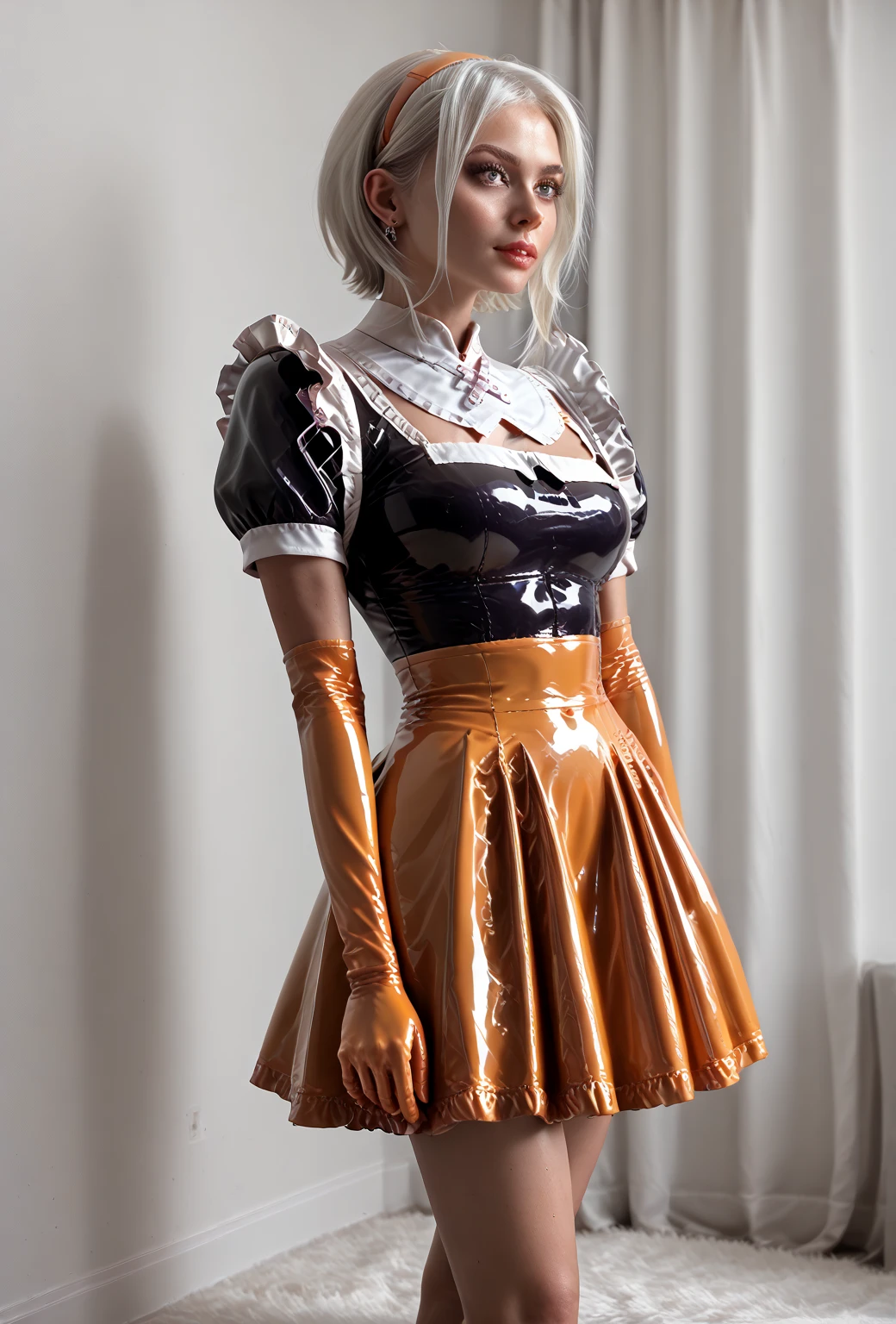 Standing, long white hair,(masterpiece,highest quality, ultra-high resolution),Japanese woman 1, latex maid's headband, (((Very beautiful 20-year-old girl)))(She's wearing a shiny light orange latex maid costume with short sleeves..)The dress has a simple design with a neckline.(((Short latex skirt of pale orange color.))), latex gloves of pale orange color.((The latex bodysuit is pale orange in color.)、