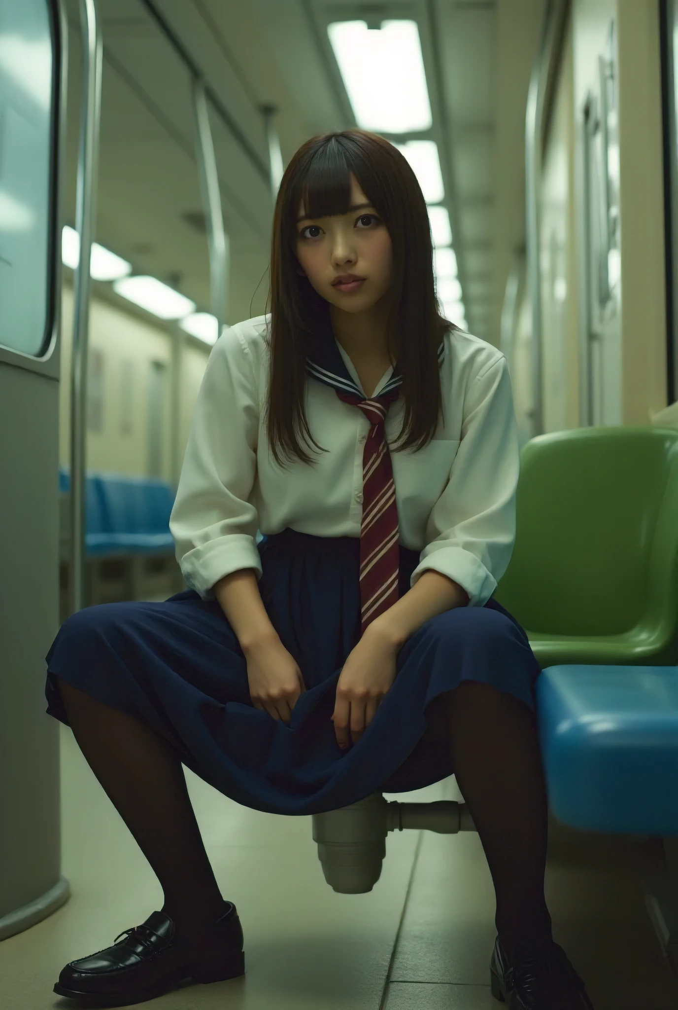 A woman in a high school uniform sits with her legs spread and lifts her skirt , wearing Pantyhose and Lofer, It's live-action, in train station, peeing blush,