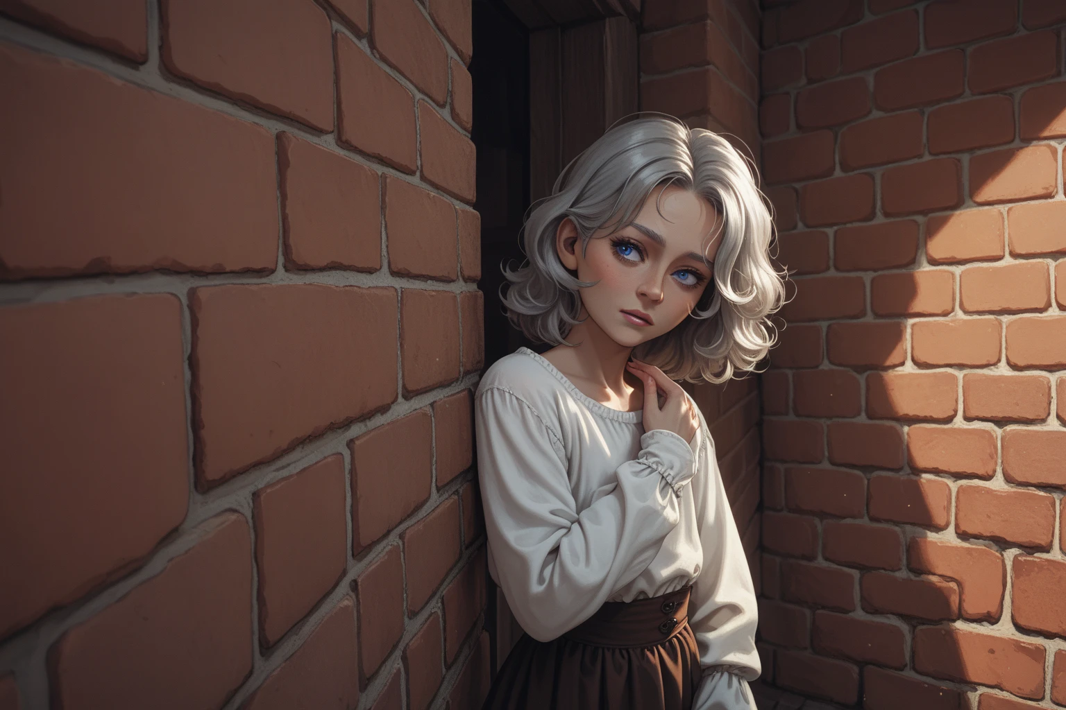 score_9, score_8_up, score_7_up,, elderly woman in the , short gray hair, dark blue eyes,flat chest, sleeves_blouse, peering around brick wall, curious