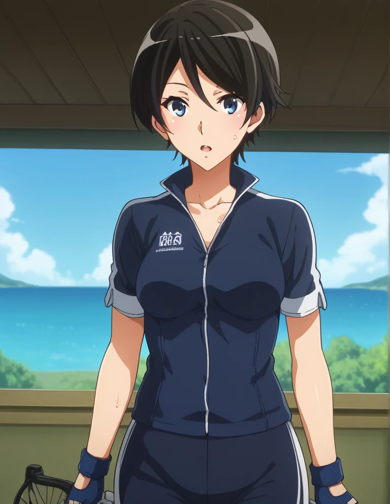 score_9, score_8_ up, score_7_ up, score_6_ up, score_5_ up,  Source_Anime, rating_safe, medium breasts,  1 girl, Alone,  Watch Viewers , suzuki mirei ,  short hair with shadows,  hair between eyebrows,  blue eyes, Cycle Racing, Cycle Racing選手権で優勝した最強の女,  white and navy blue cycling uniform , bicycle, 白と紺色のbicycleジャージ,  bike shorts, White and dark blue biker clothes , fingerless  gloves,  gloves, road bicycle, Short sleeve,, road, Mountain々,  ocean ,  blue sky, cloud,  bend your back,  open lips, sweat,  steam, ,  cowboy shot ,  the strongest woman who is not frightened by being hit or kicked、柔roadの段位九段の最強女、柔road大会で優勝した最強の女、 A little thick,柔road player、柔road、Inside the 柔road Gymnasium、On the tatami、discovery、whole body、rest、幼い頃柔road家に育てられた. 