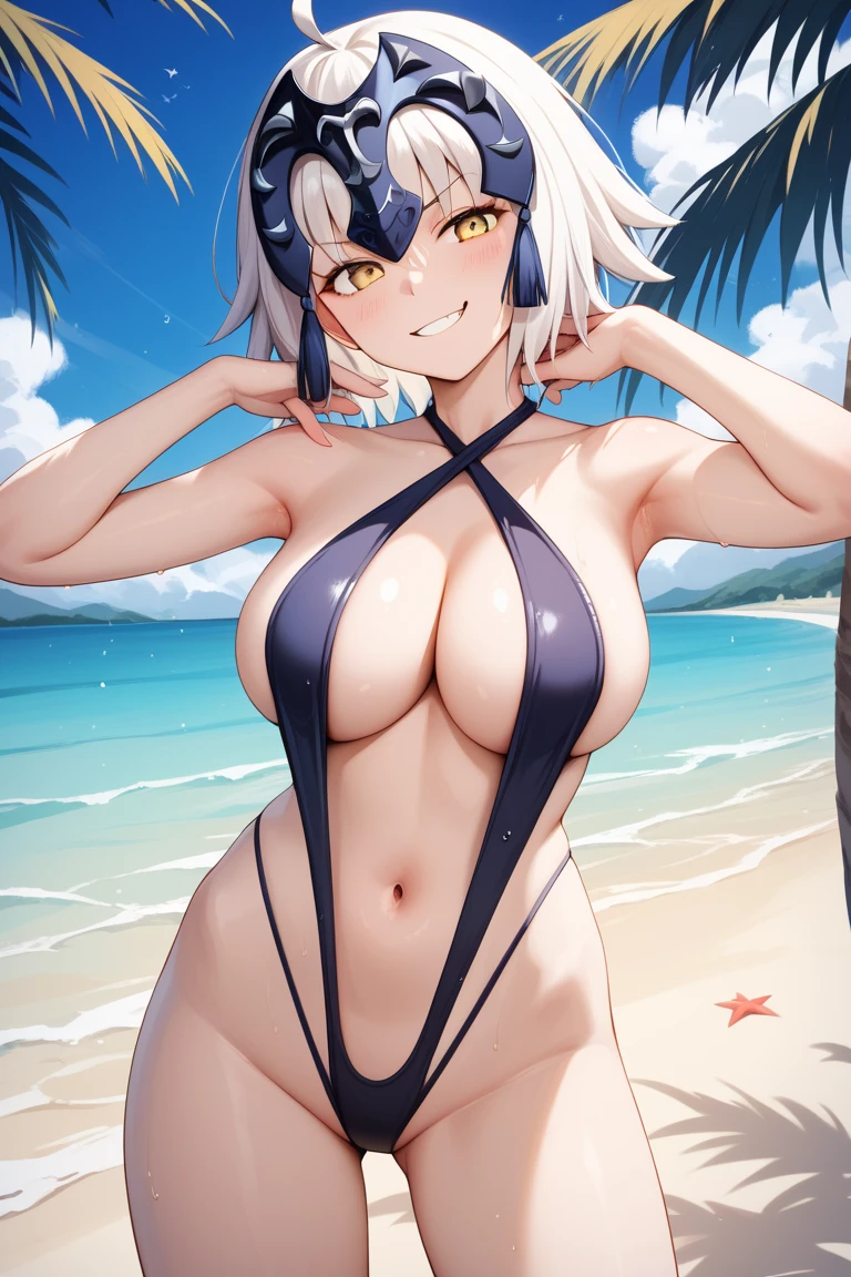 masterpiece,best quality,{{detailed beautiful face and eyes}}, 
Jeanne d'Arc Alter,{{{megami magazine}}},short hair,white hair,hair between eyes,headpiece,yellow eyes,large breasts,
((black swimsuit high leg swimsuit,slingshot swimsuit,criss-cross halter,cleavage,navel)),
1girl,(is smug:1.0),
((standing,cowboy shot,looking at viewer:1.2)),
(beach side:1.0),clothed