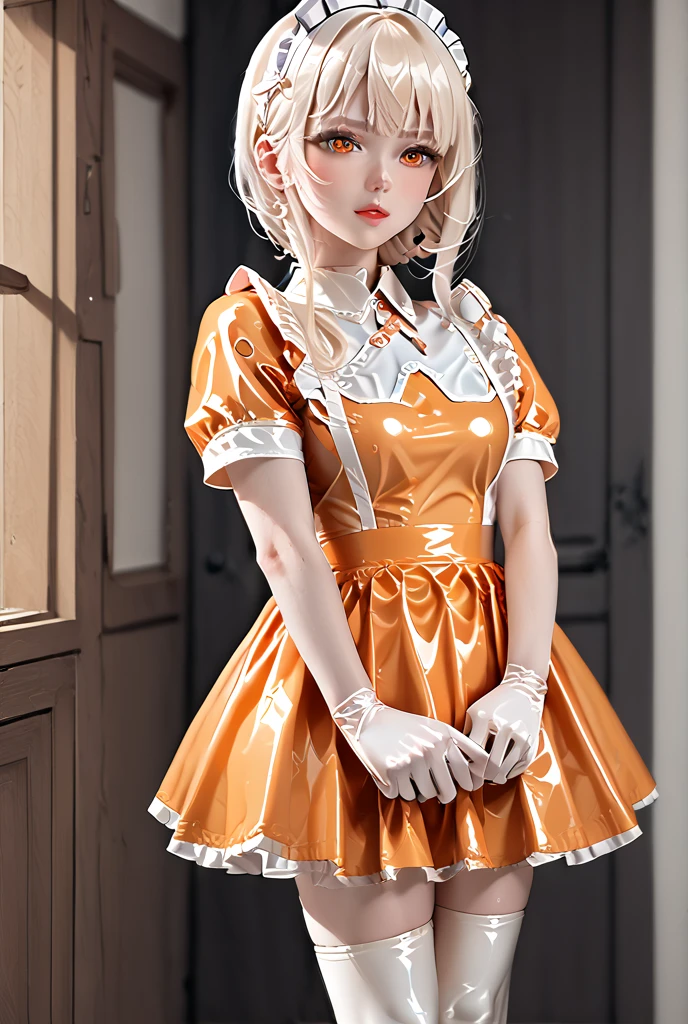 Standing, long white hair,(masterpiece,highest quality, ultra-high resolution),Japanese woman 1, latex maid's headband, (((Very beautiful 20-year-old girl)))(She's wearing a shiny light orange latex maid costume with short sleeves..)The dress has a simple design with a neckline.(((Short latex skirt of pale orange color.))), latex gloves of pale orange color.((The latex bodysuit is pale orange in color.)、