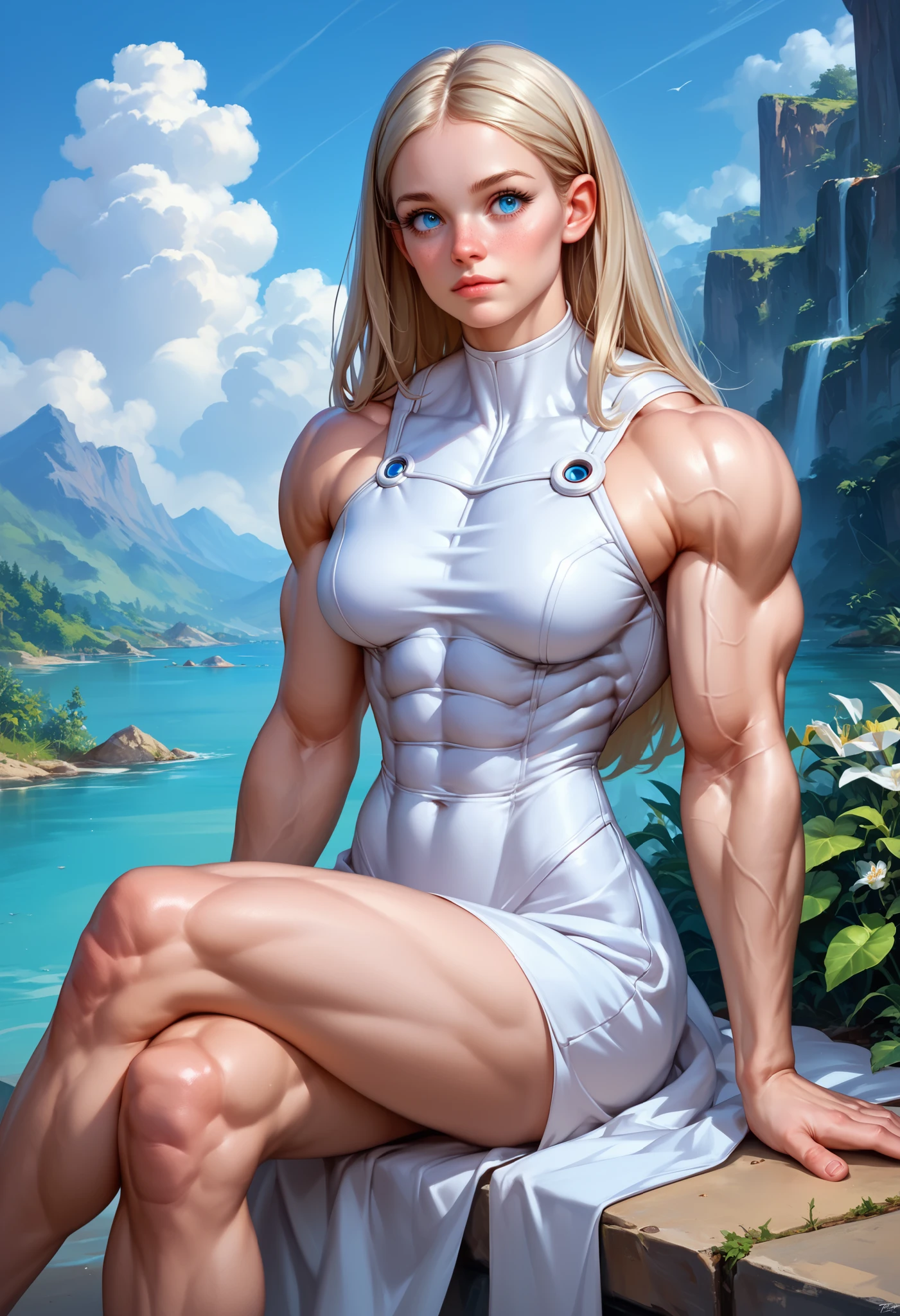 score_9, score_8_up, score_7_up, source_anime, highly detailed, 1girl, outdoors, closeup portrait, sitting, legs crossed, white light dress, detailed dress ornament, bright blue eyes, highly detailed face, skin imperfections, (ten pack abs), (small waist), (Muscular:1.4), (skinny) (HyperMuscle:1.4)