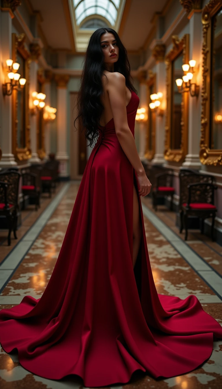 beautiful woman, long black hair, grey eyes, She wears a long red dress with a slit on her right leg, deep neckline, low back, black louboutin heels with red sole. He is on his back and looking over his shoulder,stop on stairs leading to the main door,He has a mischievous smile. The luxurious large mansion of almost 5 floors, It has black and gold details. You can see several large windows with balconies, It is wide and you can see the dark sky 