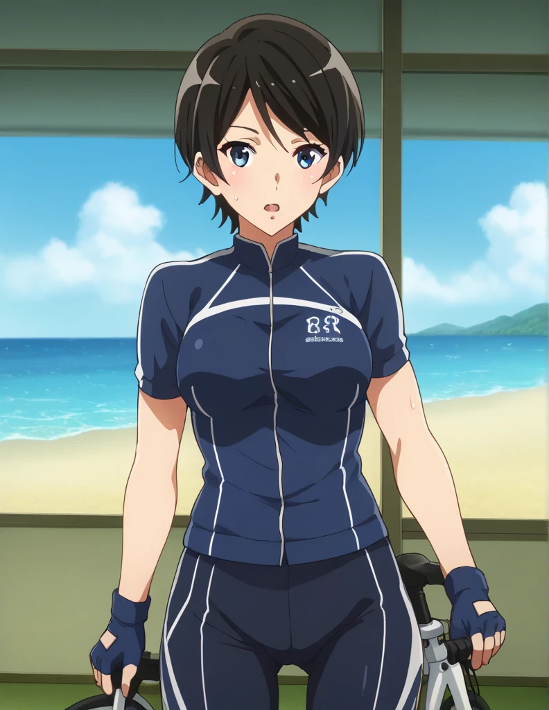 score_9, score_8_ up, score_7_ up, score_6_ up, score_5_ up,  Source_Anime, rating_safe, medium breasts,  1 girl, Alone,  Watch Viewers , suzuki mirei ,  short hair with shadows,  hair between eyebrows,  blue eyes, Cycle Racing, Cycle Racing選手権で優勝した最強の女,  white and navy blue cycling uniform , bicycle, 白と紺色のbicycleジャージ,  bike shorts, White and dark blue biker clothes , fingerless  gloves,  gloves, road bicycleに乗っている, Short sleeve,, road, Mountain々,  ocean ,  blue sky, cloud,  bend your back,  open lips, sweat,  steam, ,  cowboy shot ,  the strongest woman who is not frightened by being hit or kicked、柔roadの段位九段の最強女、柔road大会で優勝した最強の女、 A little thick,柔road player、柔road、Inside the 柔road Gymnasium、On the tatami、discovery、whole body、rest、幼い頃柔road家に育てられた. 