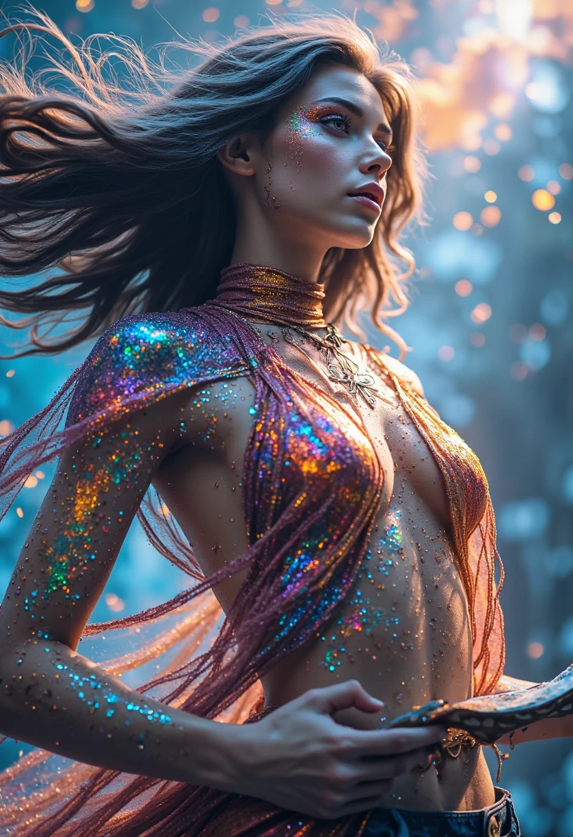 an incredible and spectacular scene of a female figure emerging from a luminous cloud, fractal threads of nebula enveloping her breasts and hips, cosmic entities, celestial, cosmic, vibrating and bright, vortices, swirling, unrealistic, high contrast, symbolism, magical, mystical, mystifying, hyperrealistic, oversaturated, colorful