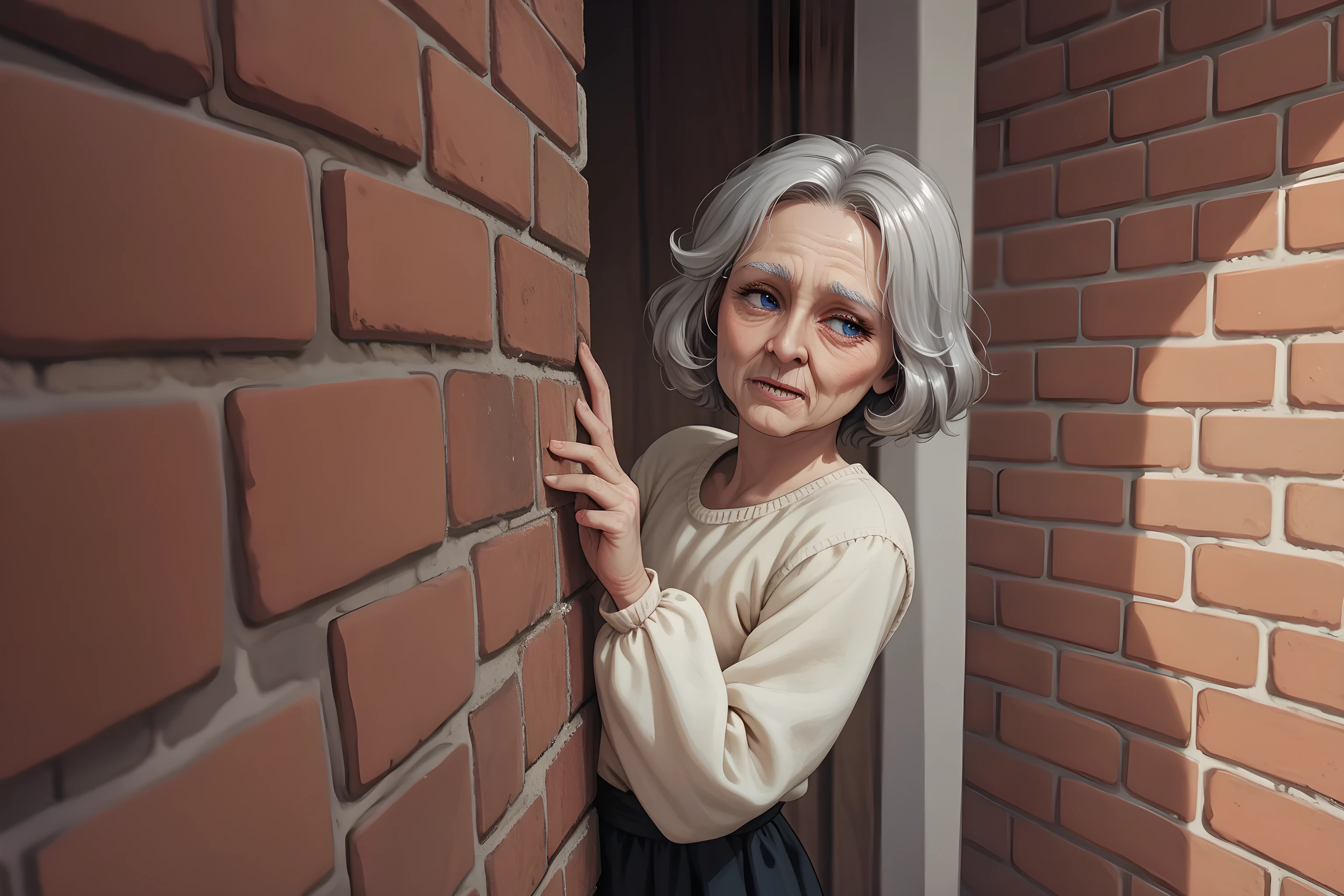 score_9, score_8_up, score_7_up,, elderly woman in the , short gray hair, dark blue eyes,flat chest, sleeves_blouse, peering around brick wall, curious