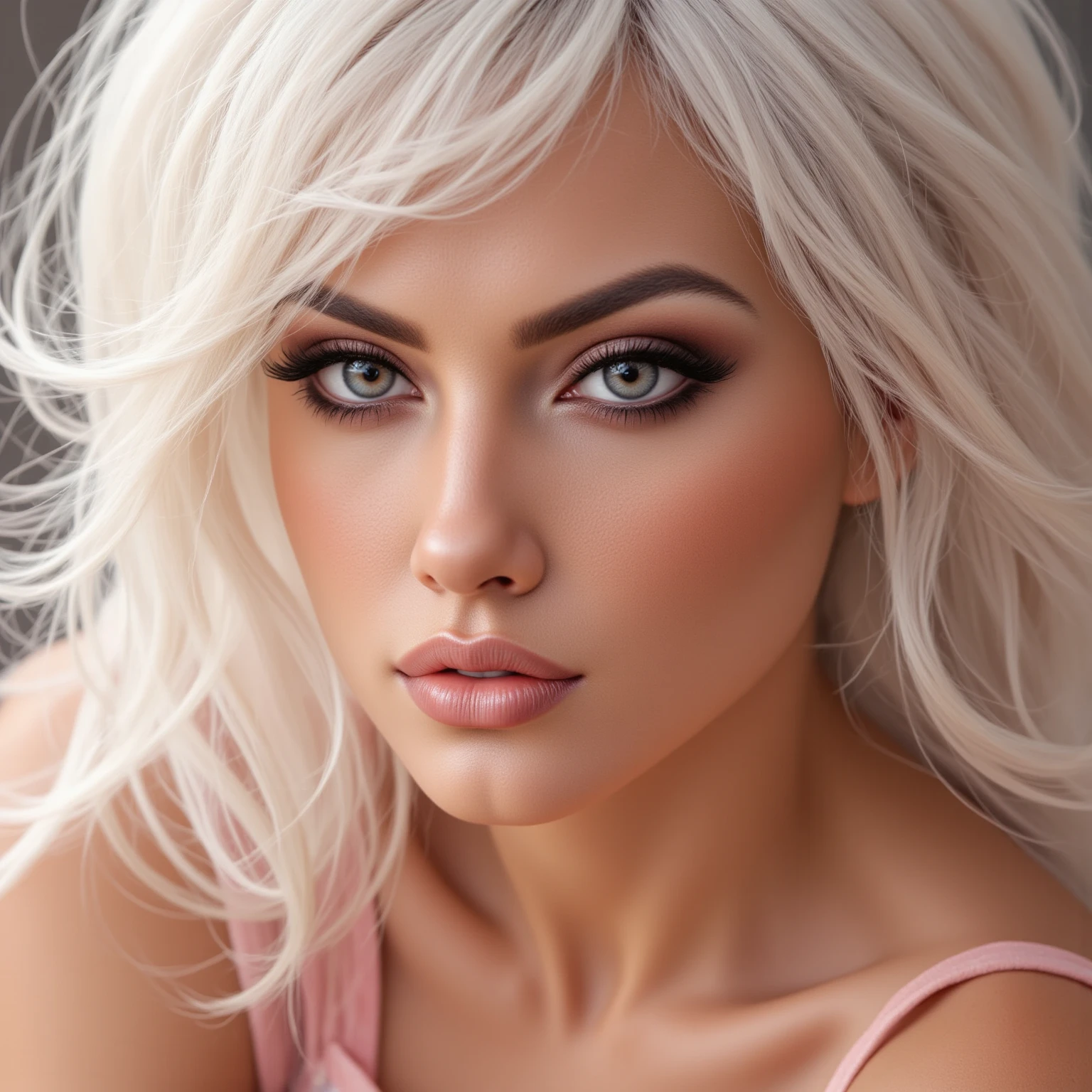 A close portrait of a woman, focusing on her eyes.  tanned, dark eyes,white hair,, realistic, 4K, ultra detailed photography, sharp image,Full character. Silk dress with thin straps in beautiful pink. 