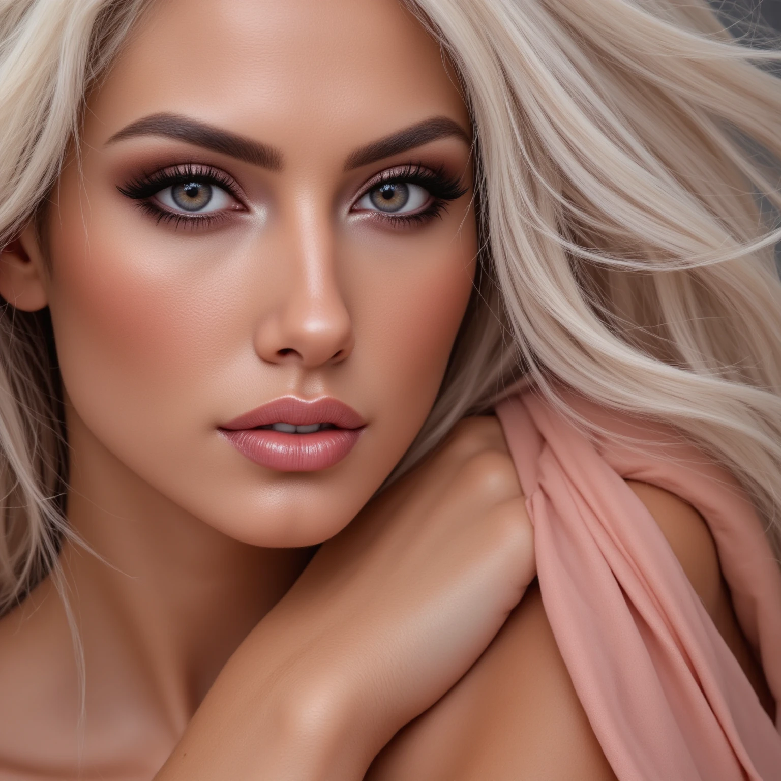 A close portrait of a woman, focusing on her eyes.  tanned, dark eyes,white hair,, realistic, 4K, ultra detailed photography, sharp image,Full character. Silk dress with thin straps in beautiful pink. 