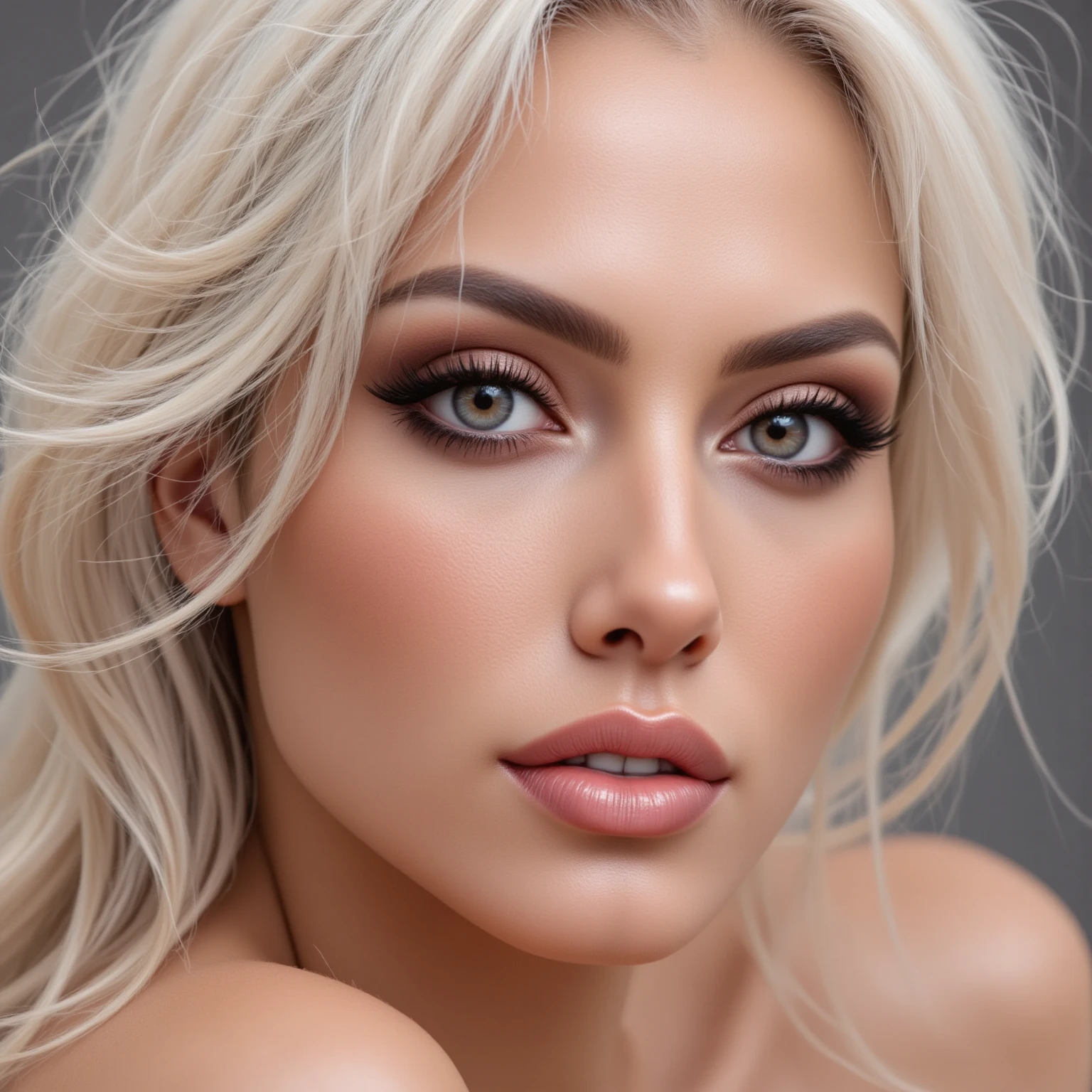 A close portrait of a woman, focusing on her eyes.  tanned, dark eyes,white hair,, realistic, 4K, ultra detailed photography, sharp image,Full character. Silk dress with thin straps in beautiful pink. 