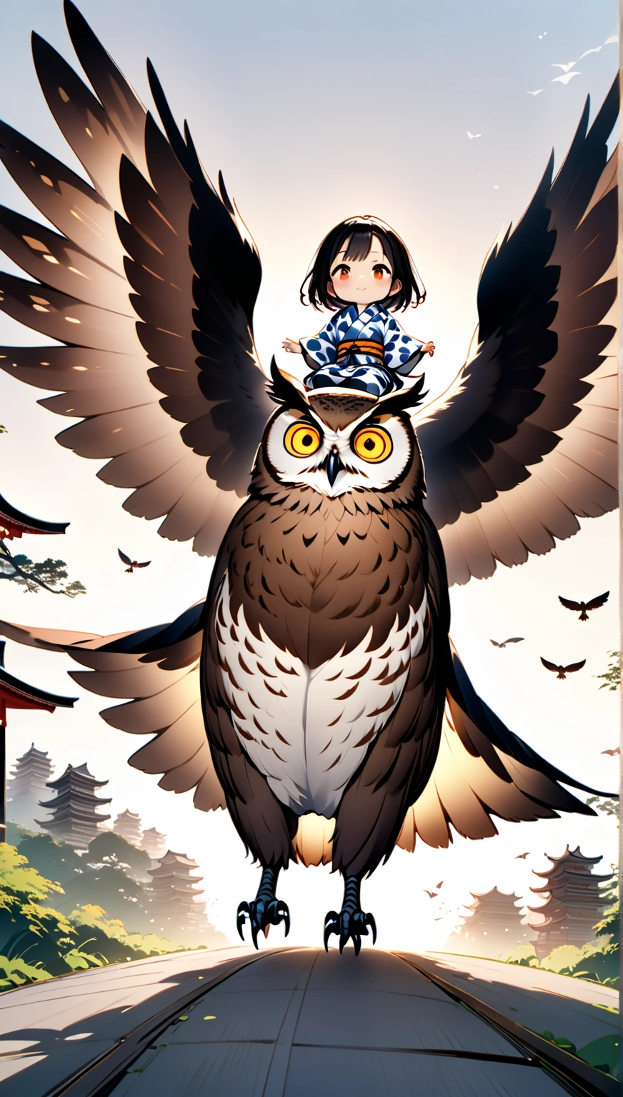  A girl is riding a giant owl , Japanese style yukata ，Hzk,    Ultra Miniature Girl   , 