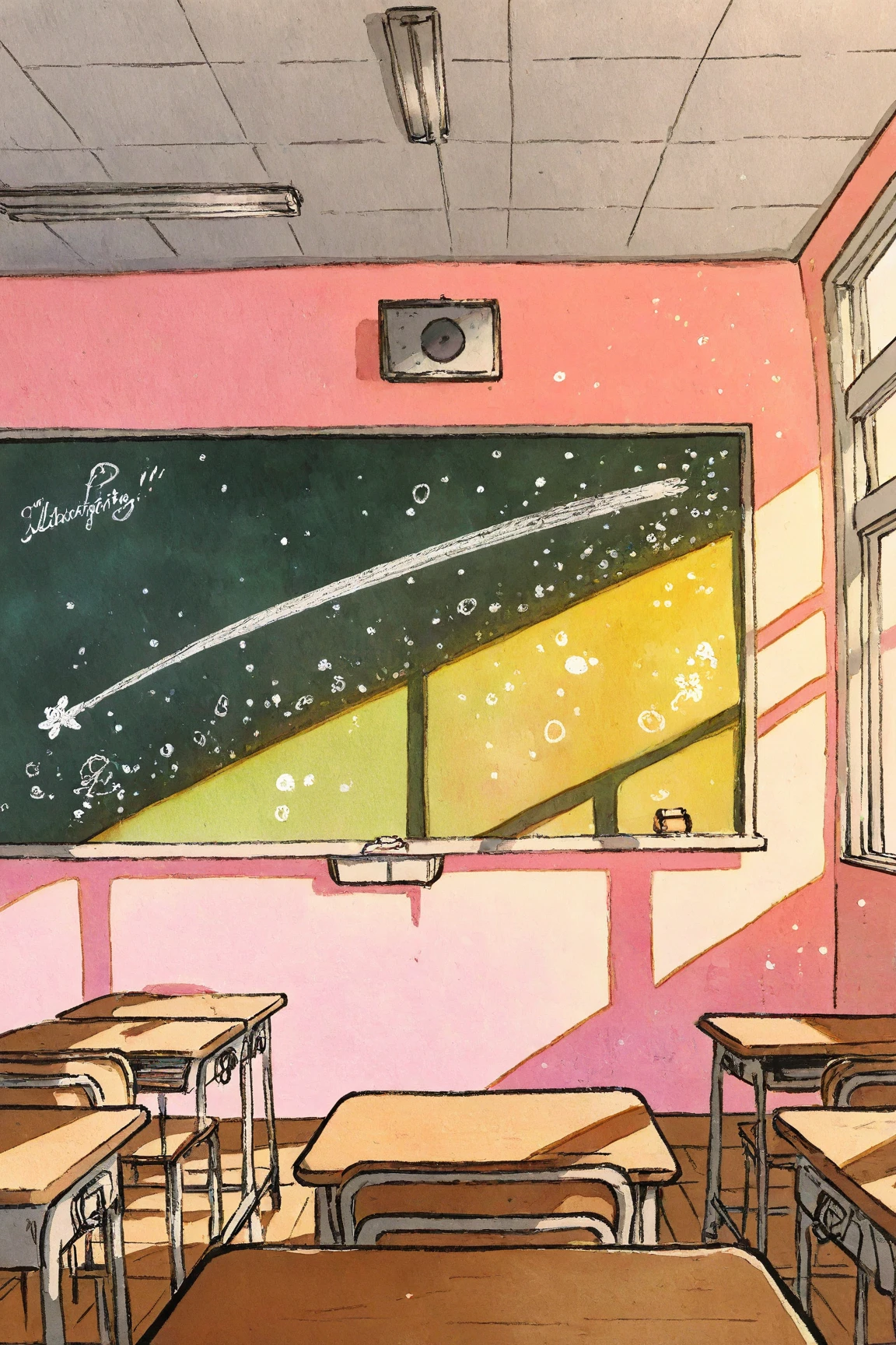   alone girl in an empty classroom after school, blackboard ,window,Classroom on the 2nd Floor ,Painted in watercolor、 conceptual art    , Rory Greasley, Most beautiful view  ,  Big Perspective,   just a joke  ,  Visually Stunning Scenes ,  great background , Very Thin Ink Lines   ,Drawn with a single line,    ink outline   ,    Ultra Fine  , hand drawn, ジャン・ジロー・メビウスによる Very Thin Ink Lines    ,    Warm Line Art ,    Illustration Black Outline   , fine inking lines,  is anatomically correct ,  pink pastel illustration  